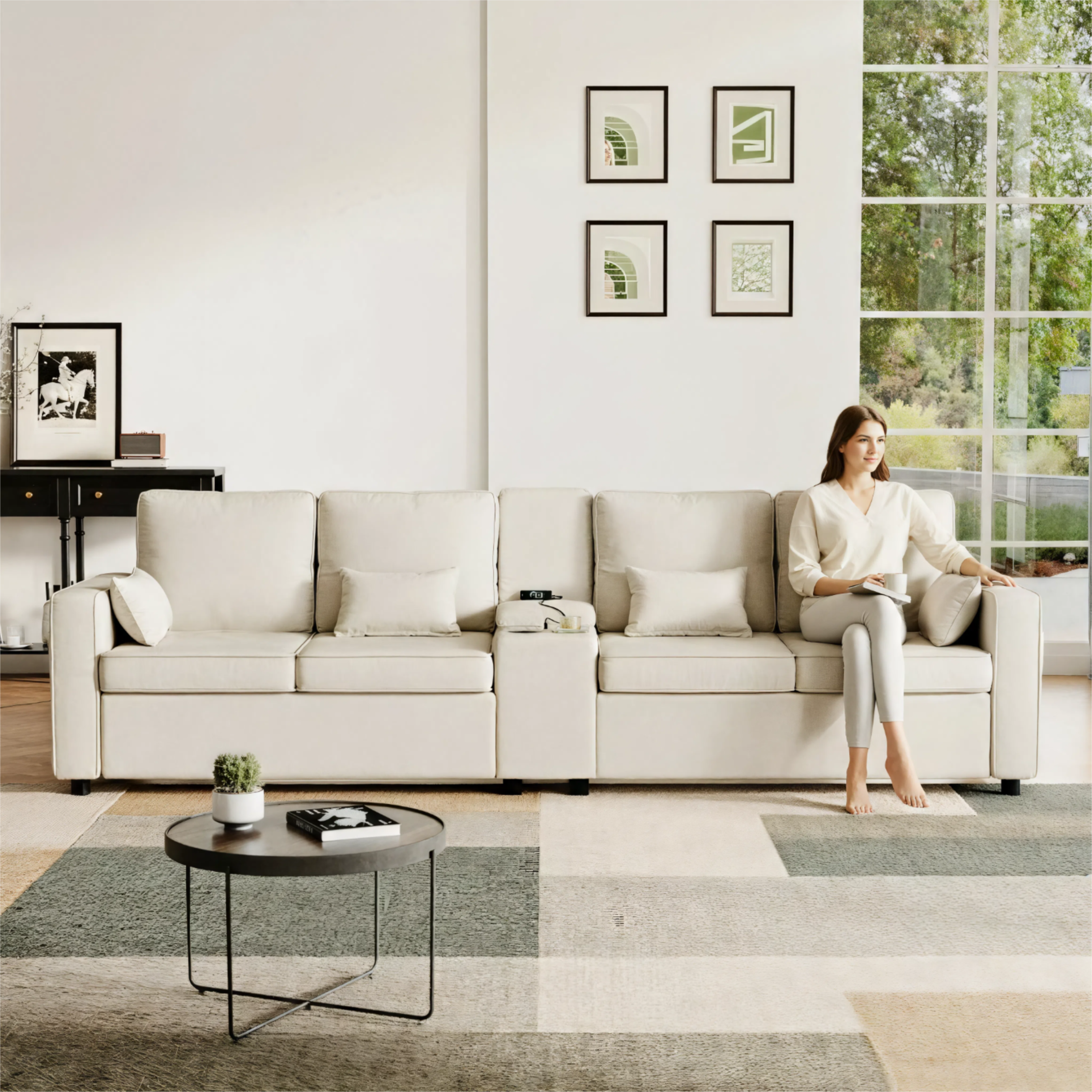 4-Seater Modern Sofa with Storage Console, Minimalist Style Couch with Side Pockets, Cup Holders and Charging Ports (USB & Type-C), for Living Room, Apartment, Office,Beige, Linen Fabric