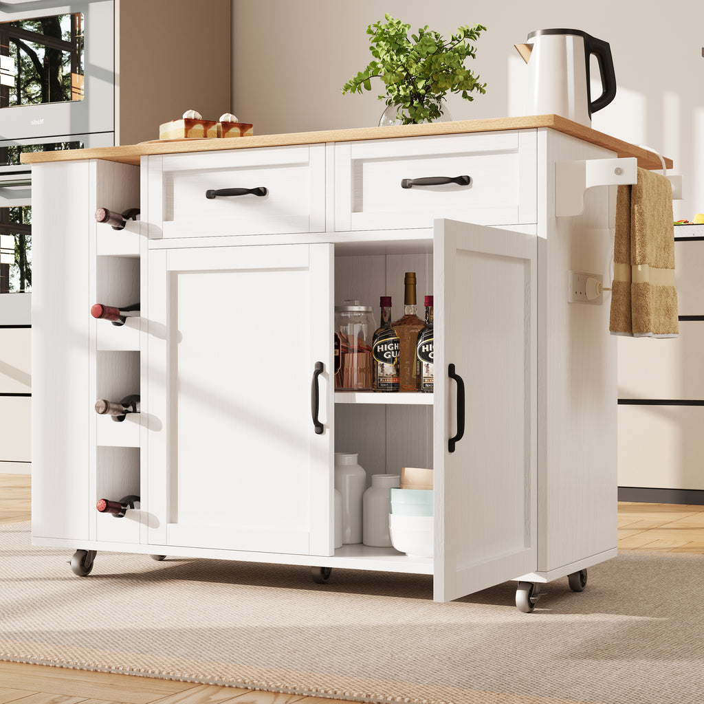 Kitchen island, kitchen trolley equipped with power socket, kitchen cabinet, removable serving trolley with wine rack, buffet cabinet, dining trolley with wood grain, buffet cabinet, white