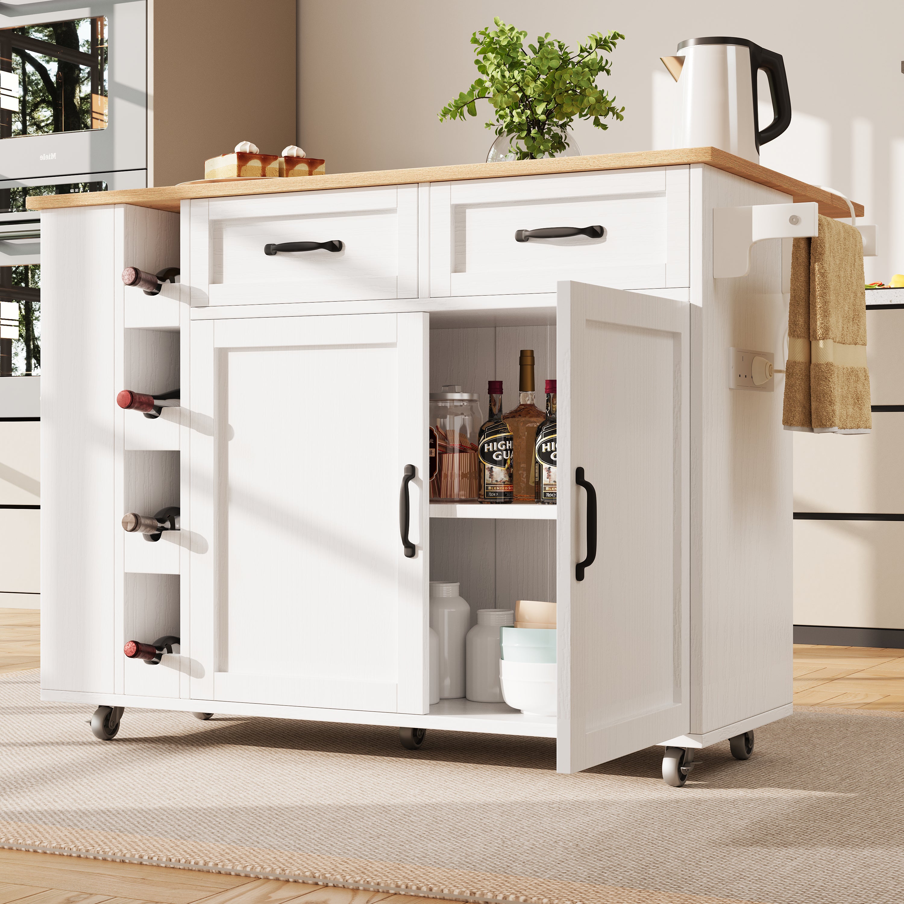 Kitchen island, kitchen trolley equipped with power socket, kitchen cabinet, removable serving trolley with wine rack, buffet cabinet, dining trolley with wood grain, buffet cabinet, white