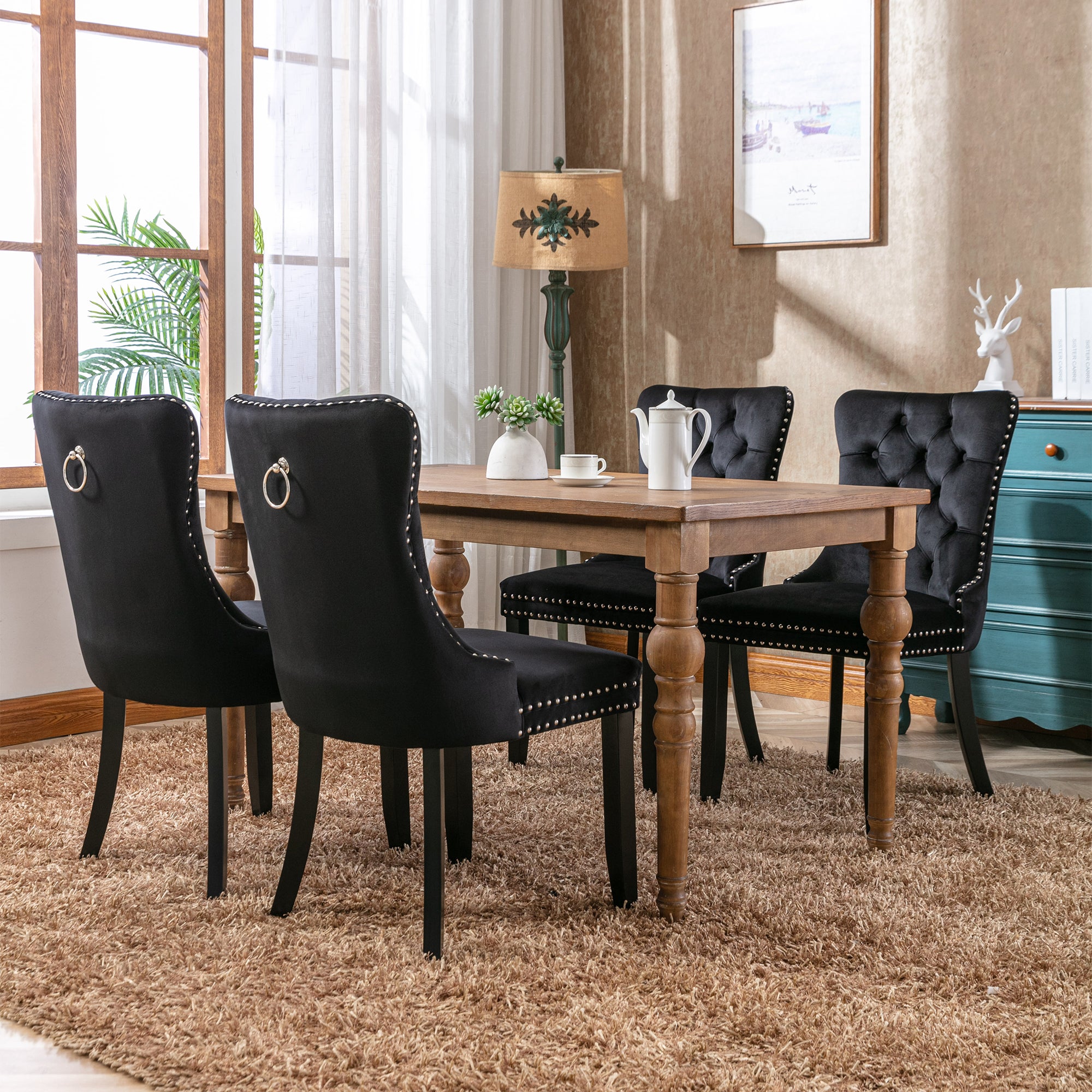 Modern Set of 4 Upholstered Velvet Dining Chairs, Button Tufted Kitchen Lounge Chairs with Solid Wood Legs, Riveted Trim and Knocker Ring, for Dining Room Living Room, Black