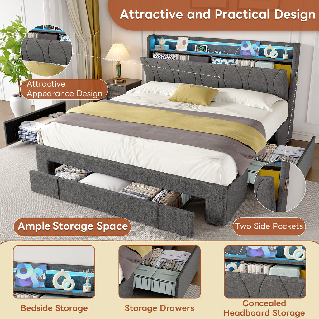4ft6 Double Upholstered Bed with Three Storage Drawers, LED Headboard with Charging Station and Concealed Headboard Storage,USB and Type - C Ports, Linen, No Box Spring Needed, Grey (No Mattress)