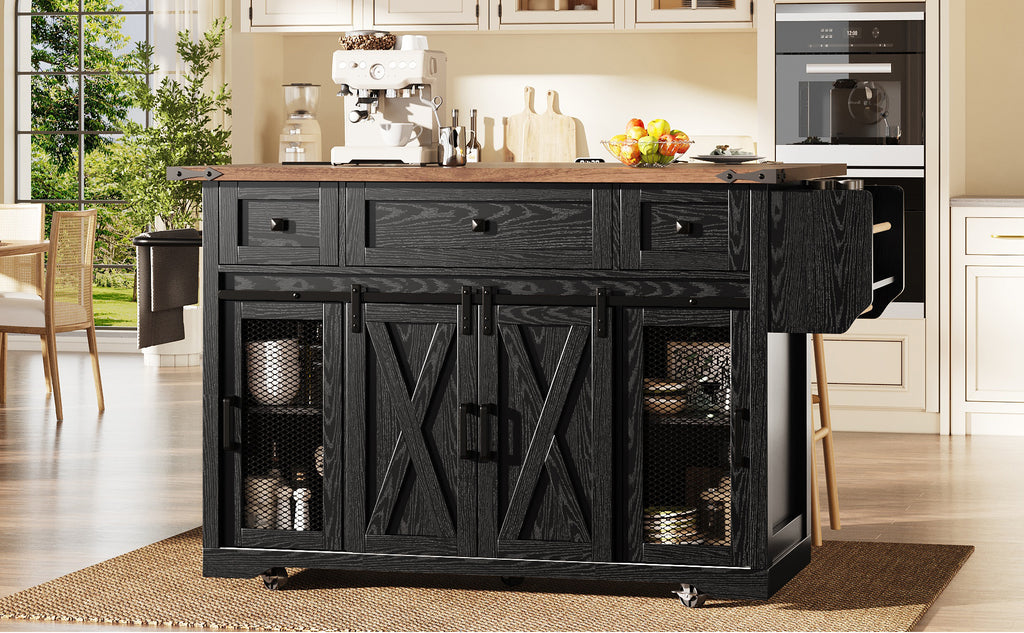 Kitchen island trolley with extendable worktop and power connection, 91cm working height, white/black, load capacity up to 75kg