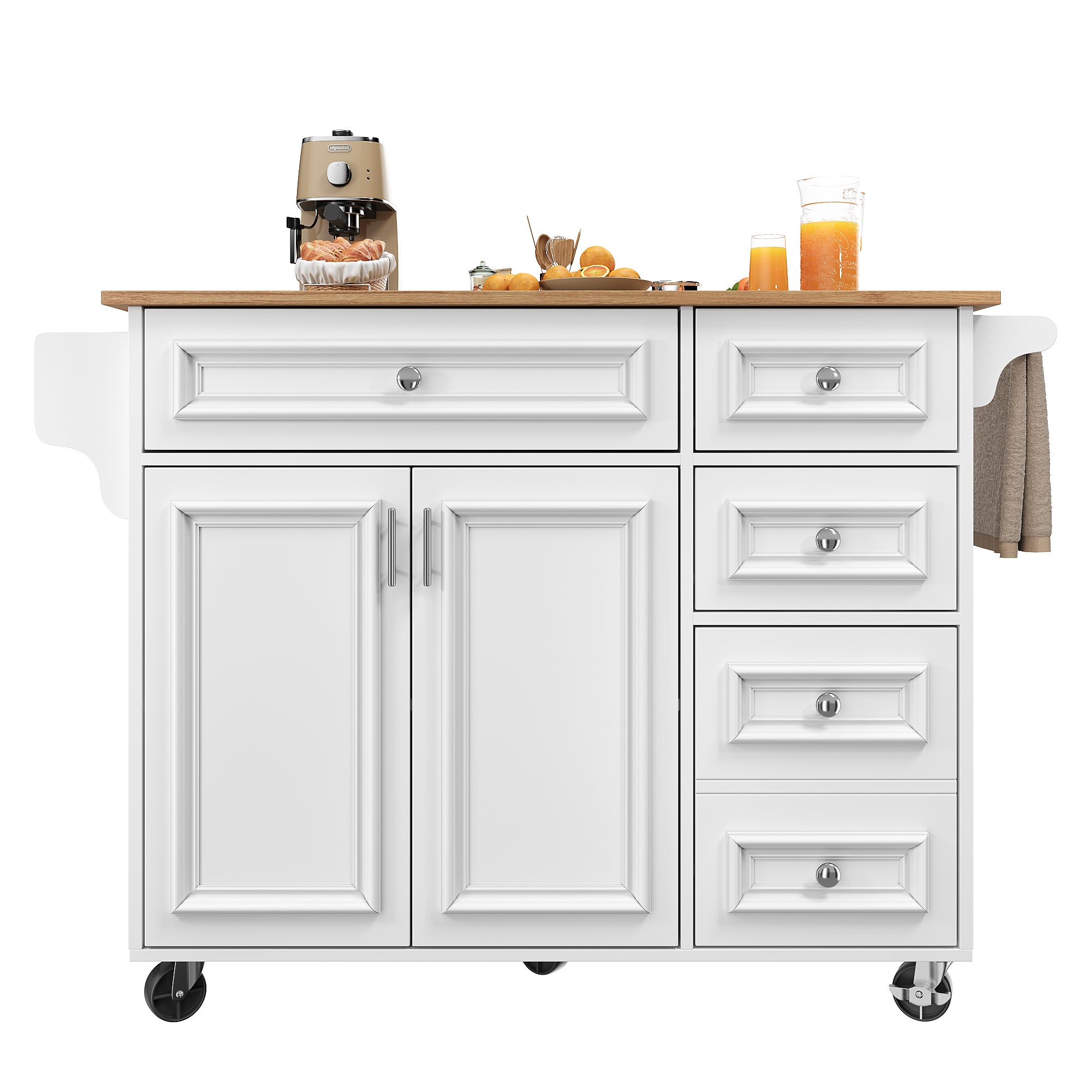 Kitchen island (110×45-75×92cm), removable serving trolley buffet cabinet, dining trolley with vintage pattern, buffet cabinet, multifunctional dining table with storage space, White