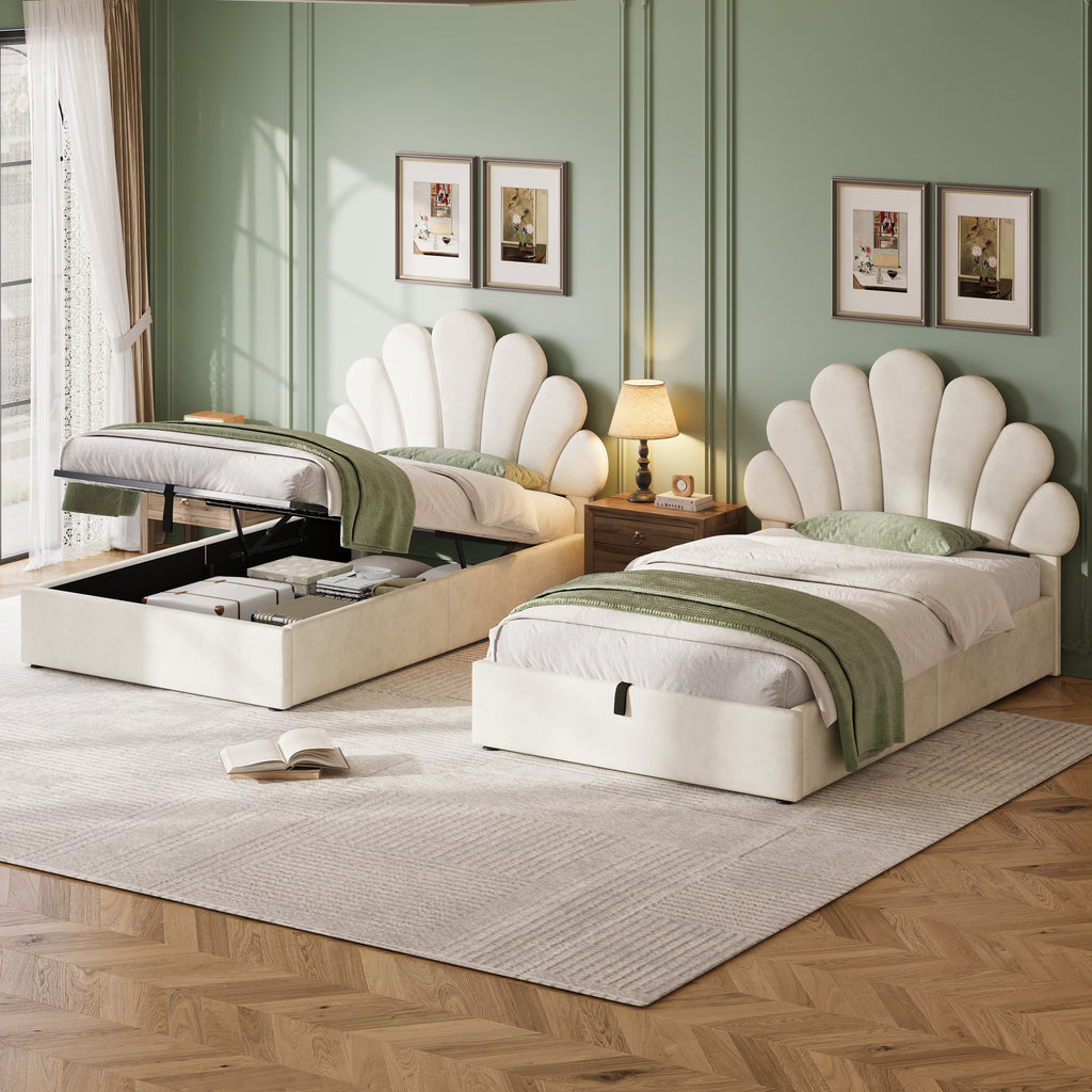 3ft Single Upholstered Hydraulic Bed with Adjustable Chic Petal Headboard, Soft Velvet Bed Frame with Hydraulic Storage, Petal Bed with Solid Wood Slat, No Box Spring Needed, Beige (No Mattress)