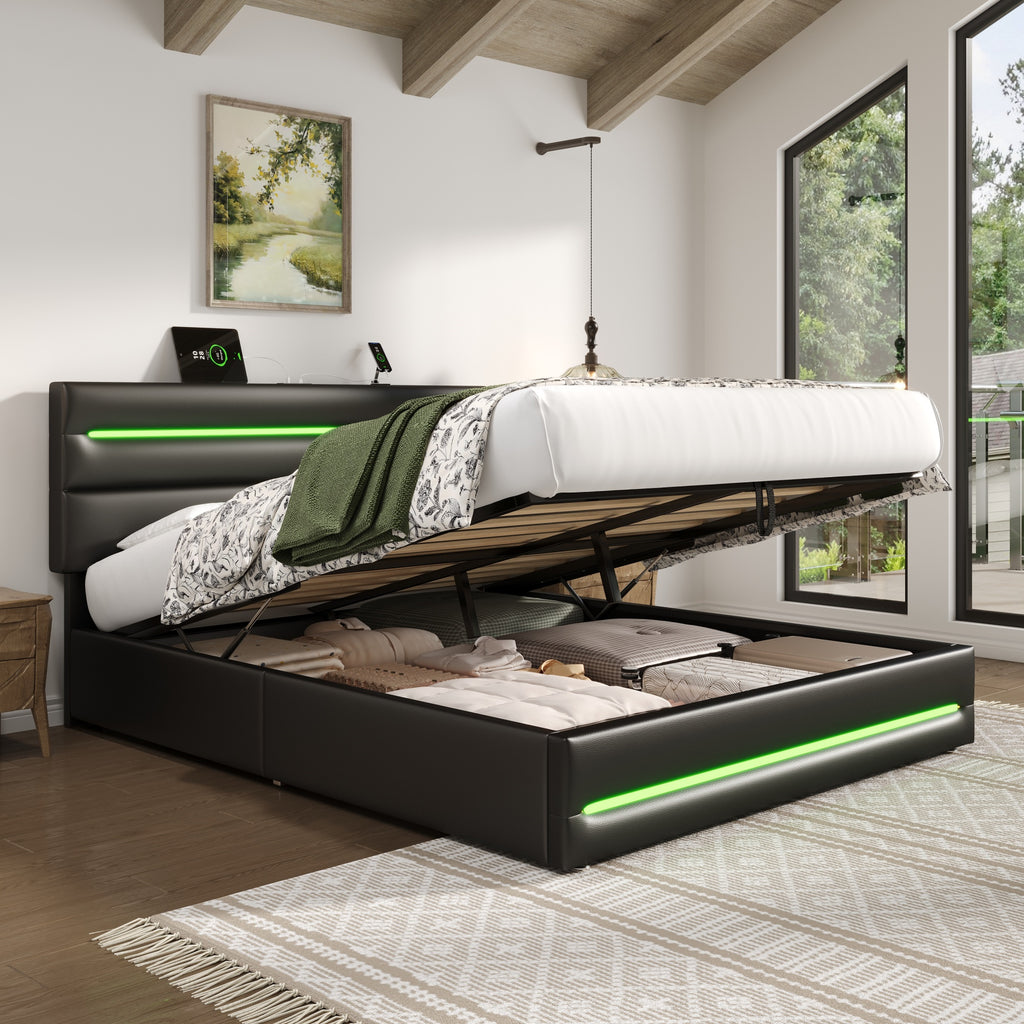 4ft6 Double Upholstered Bed Frame with Hydraulic Storage, PU Ottoman Bed with LED Lighting and Charging Station, LED Adjustable Headboard with USB and Type - C Ports, Black (No Mattress)