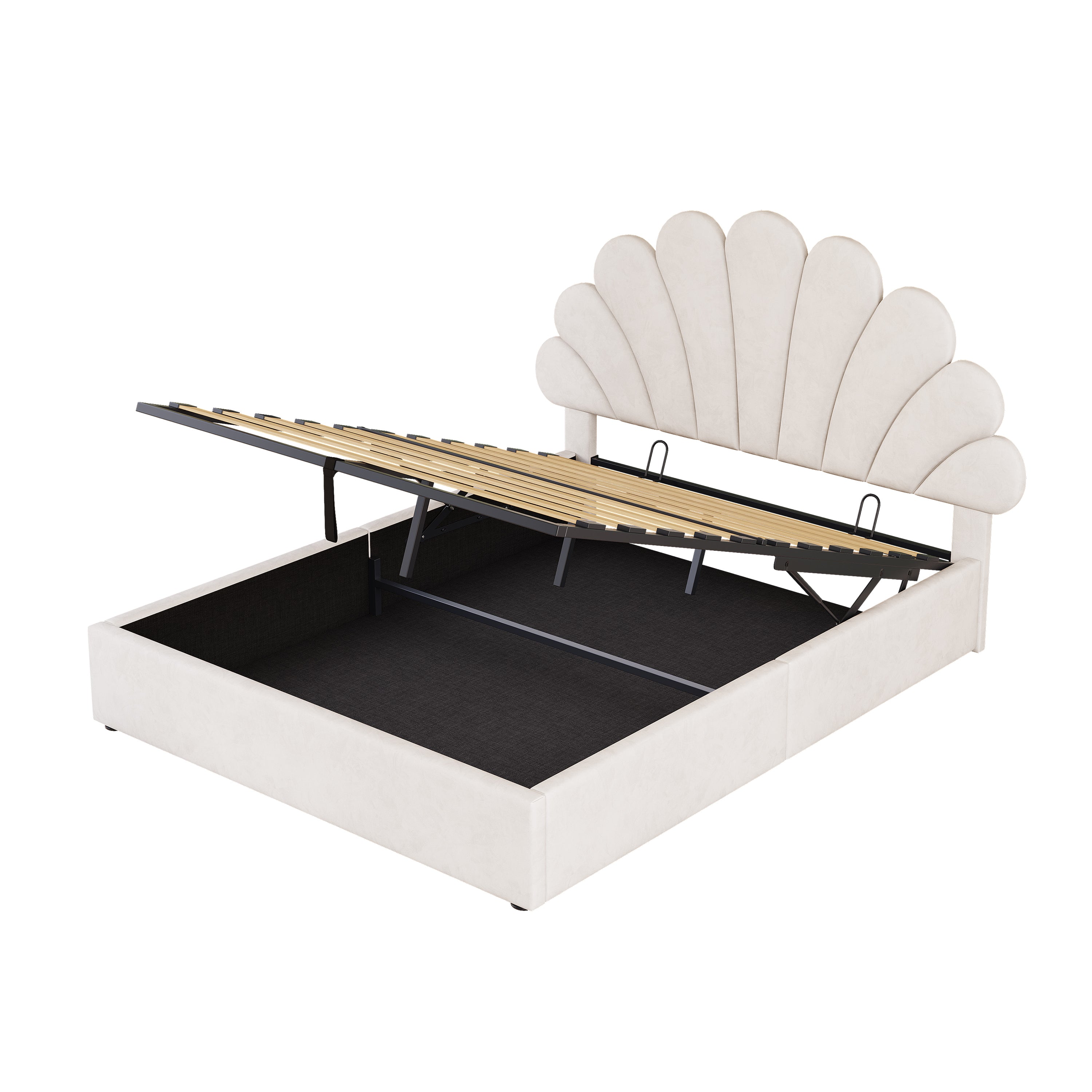 4ft6 Double Upholstered Hydraulic Bed with Adjustable Chic Petal Headboard, Soft Velvet Bed Frame with Hydraulic Storage, Petal Bed with Solid Wood Slat, No Box Spring Needed, Beige (No Mattress)