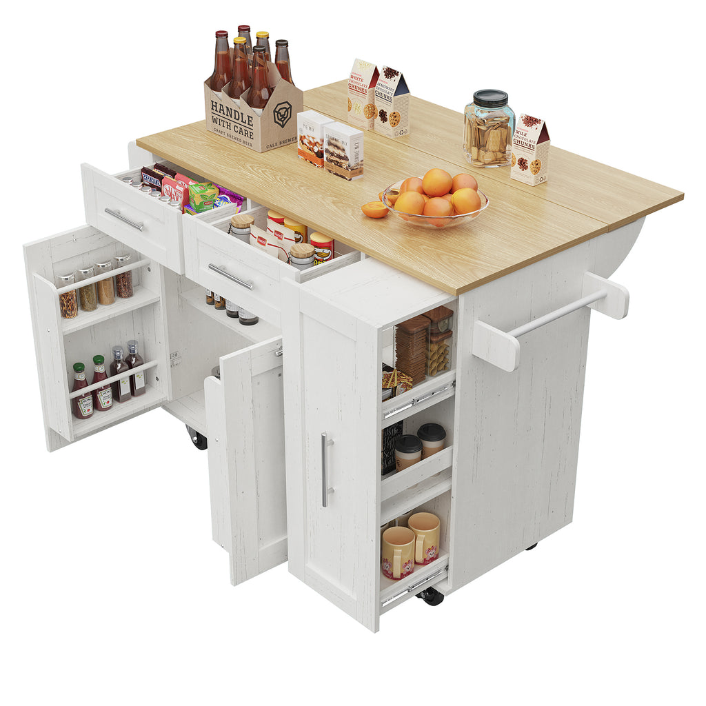 Modern kitchen island, kitchen cabinet, buffet cabinet, dining cart with wood grain, dining table with storage space, dining cart with snack shelves and stretch function cabinets, white