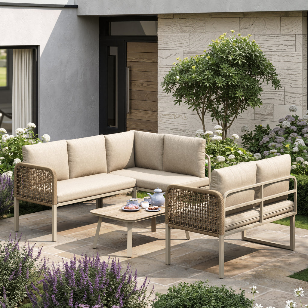 5-6 Seater Garden Furniture Set with Wood-look Tempered Glass Coffee Table, L-Shaped Corner Sofa with Polyester Rope, Weatherproof Outdoor Patio Dining Lounge Set for Balcony and Terrace, Linen, Beige