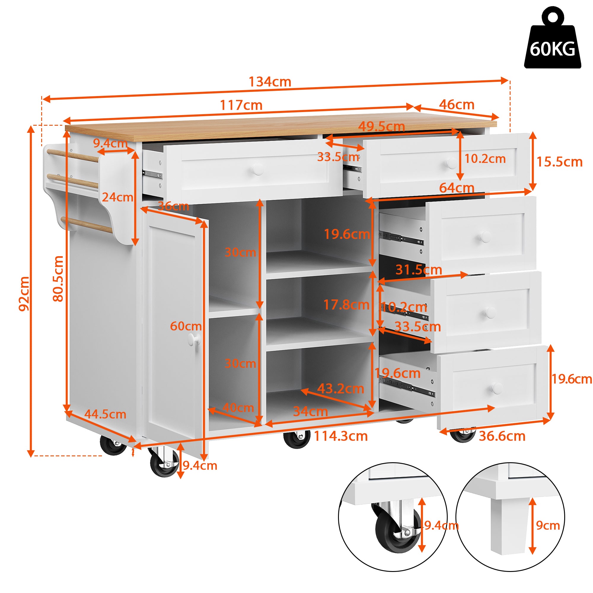 Dining trolley (134 x 46 x 92 cm), modern and simple white food trolley, combined drawer-storage cabinet design, mobile and fixed dual-use design, suitable for domestic and commercial kitchens, white