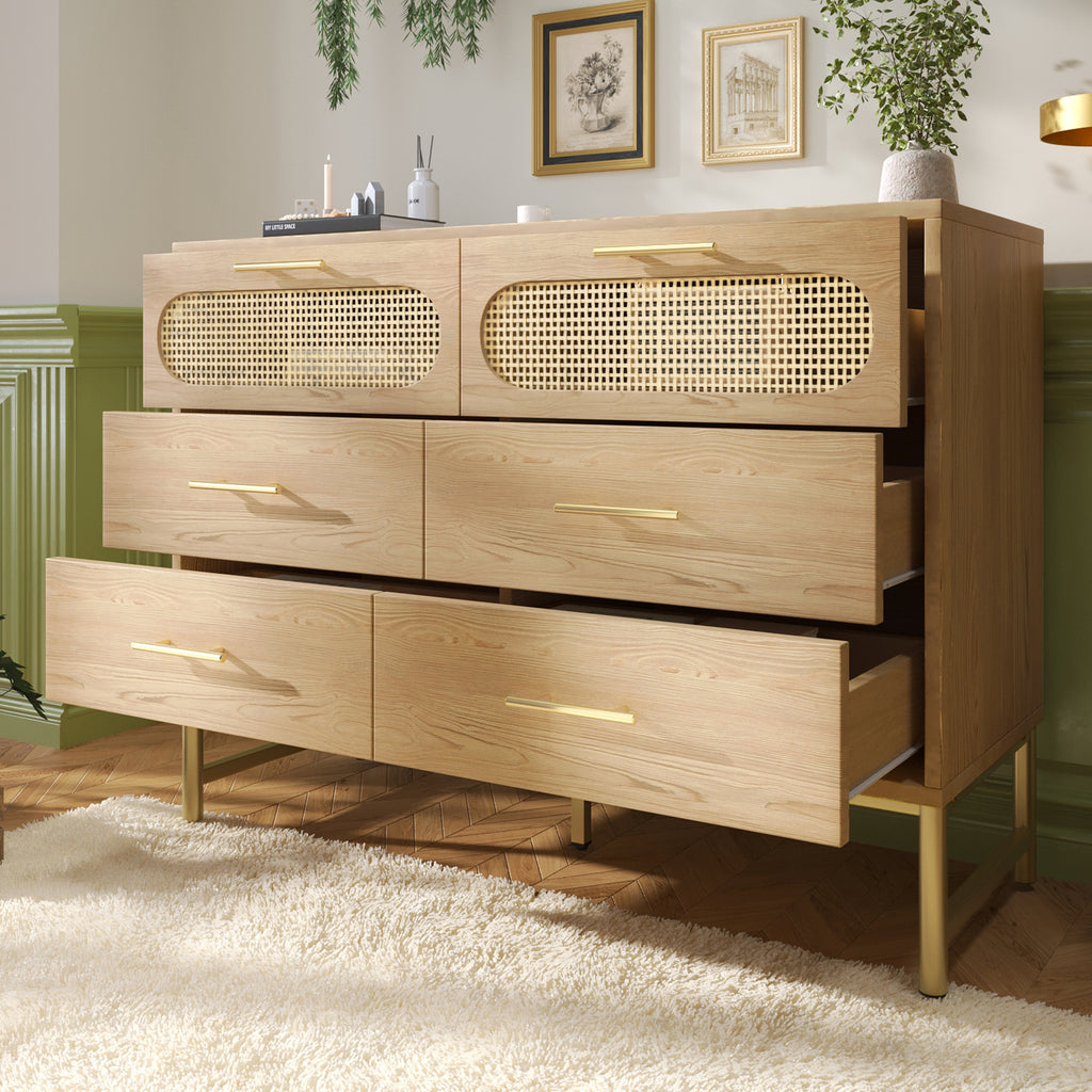 Rattan Sideboard Storage Cabinet with 6 Drawers,  Cupboard Sideboards for Living Room, Bedroom, and Hallway, Metal Handles, Anti-Tip, 120 x 40 x 74 cm, Oak