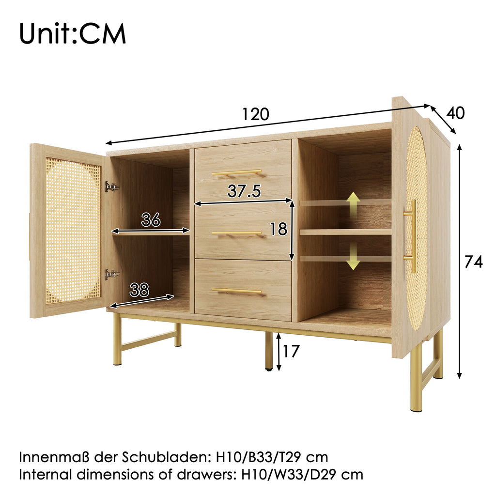 (=TT20604041A) Rattan Sideboard Storage Cabinet  with 2 Doors 3 Drawers, Storage Cabinet for Living Room, Bedroom, and Hallway, Metal Handles, Adjustable Shelves, Anti-Tip, 120 x 40 x 74 cm, Oak