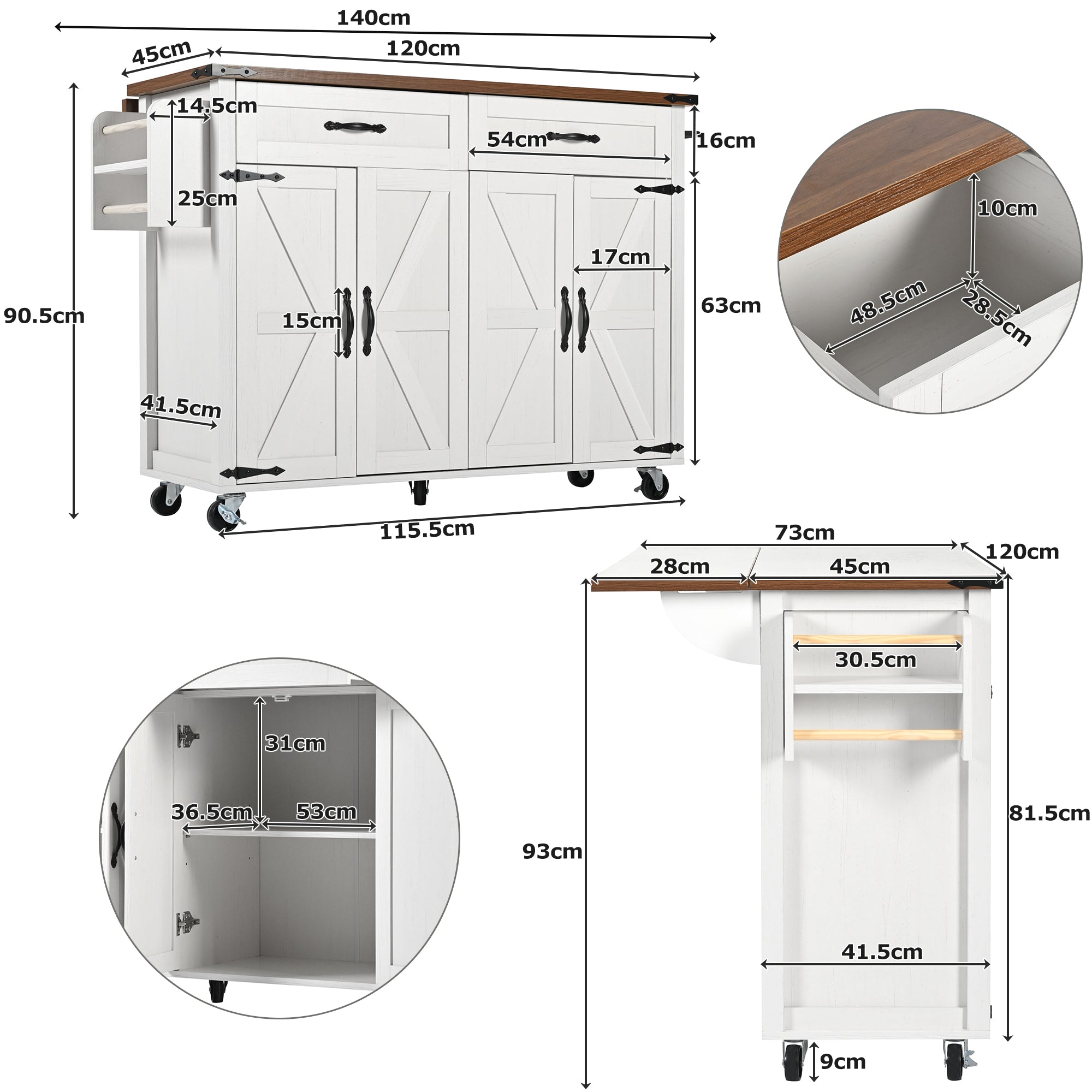 Farmhouse Style Rolling Kitchen Island Storage Trolley with Large Cabinet, 2 Drawers, Adjustable Shelf, Spice&Towel Rack, Dining Room Organiser Sideboard Cupboard Cabinet Cart, White
