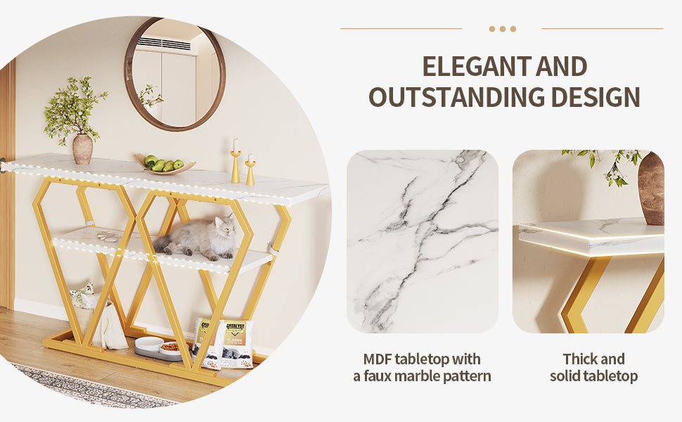 Console table (1 piece) - 120 x 29.5 x 80 cm - Dining & kitchen table, balcony table - Wooden table with marble-look top