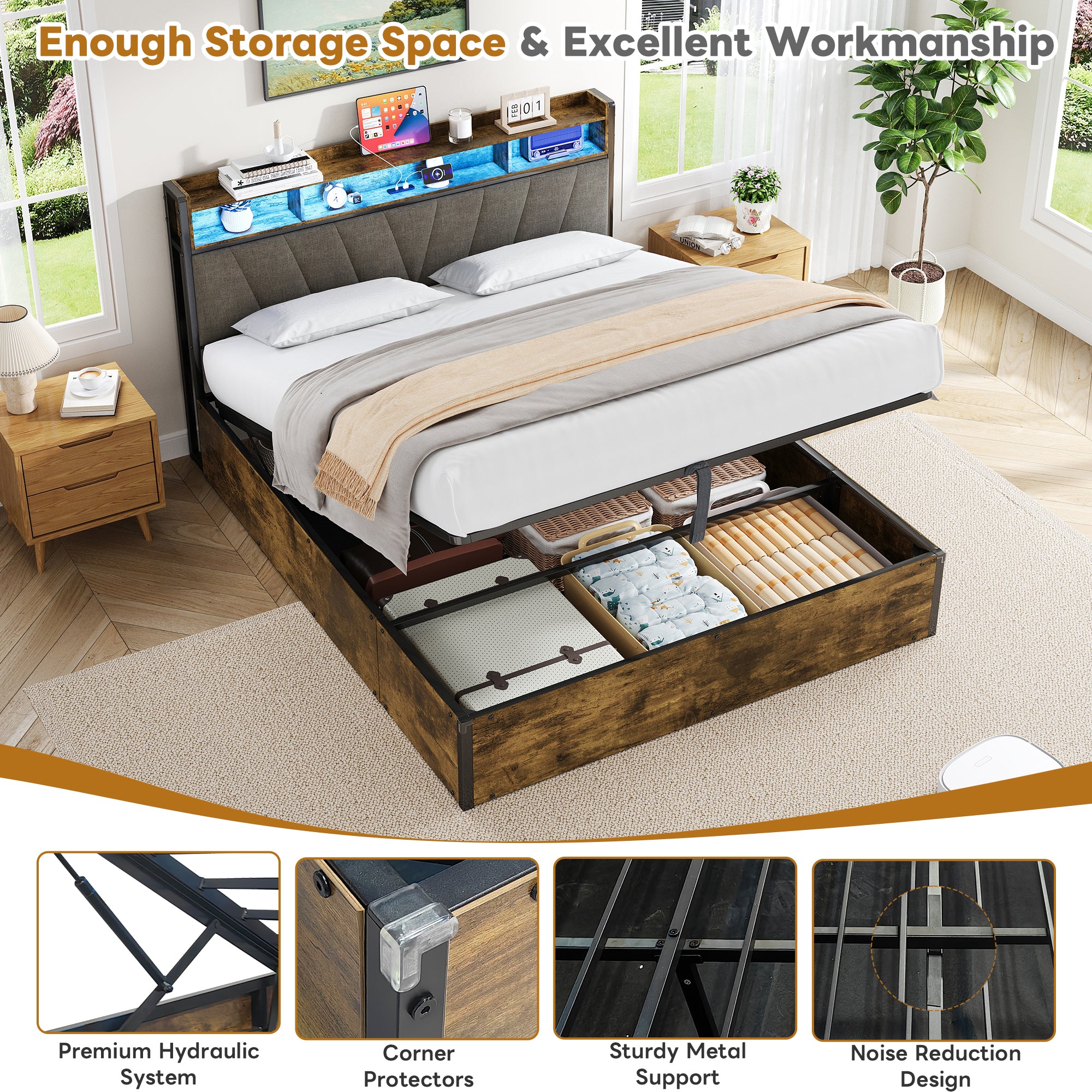4ft6 Double Bed Frame with Hydraulic Storage, RGB LED Storage Headboard with Charging Station, USB and Type-C Ports, No Box Spring Needed, Easy Assembly, Black+Walnut (No Mattress)