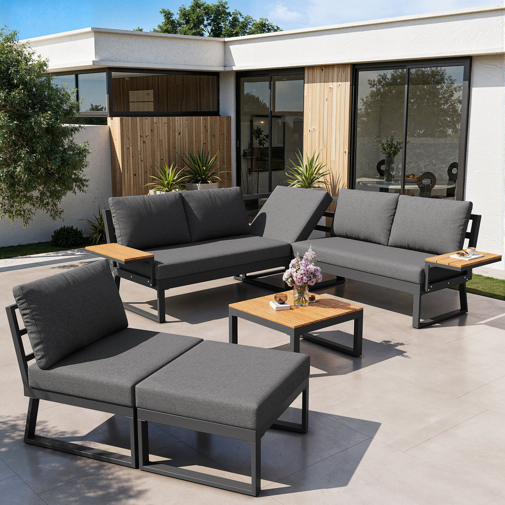 L-Shaped Garden Sofa Set with Wooden Armrests / Weather-Resistant Corner Suite & Daybed Made of Iron / Including Wooden Table, Armchair & Stool, 7-Person / With Cushions / Gray