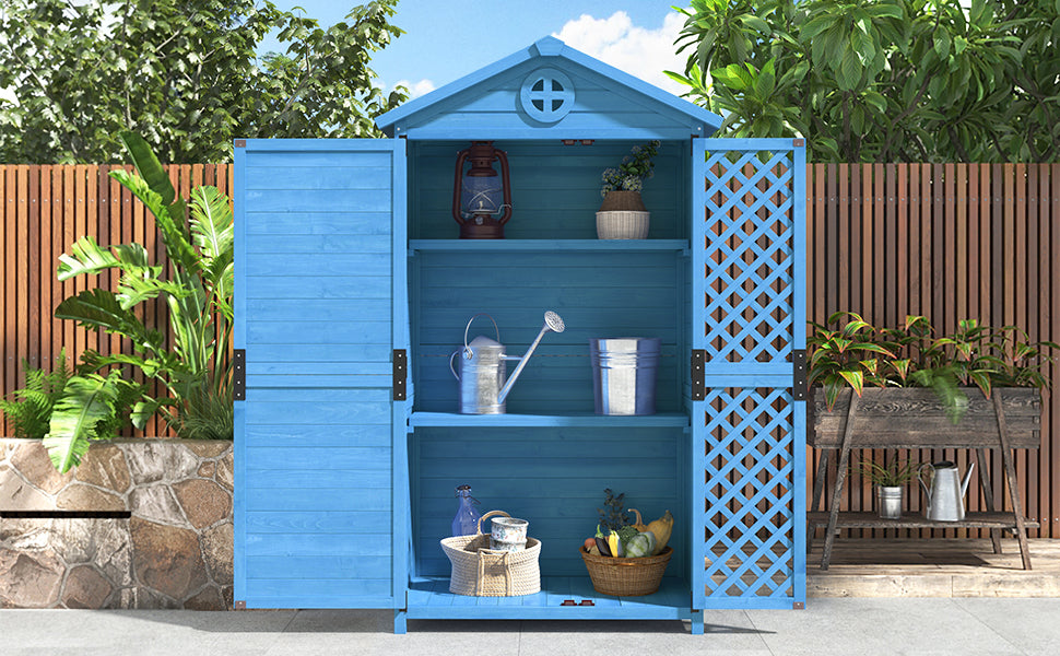 Outdoor Wood Garden Furniture Storage Shed, Tool House with Ventilation Slots for Backyard, Patio, Fade Free, All Weather Resistant, Safe and Secure, Zero Maintenance, Blue