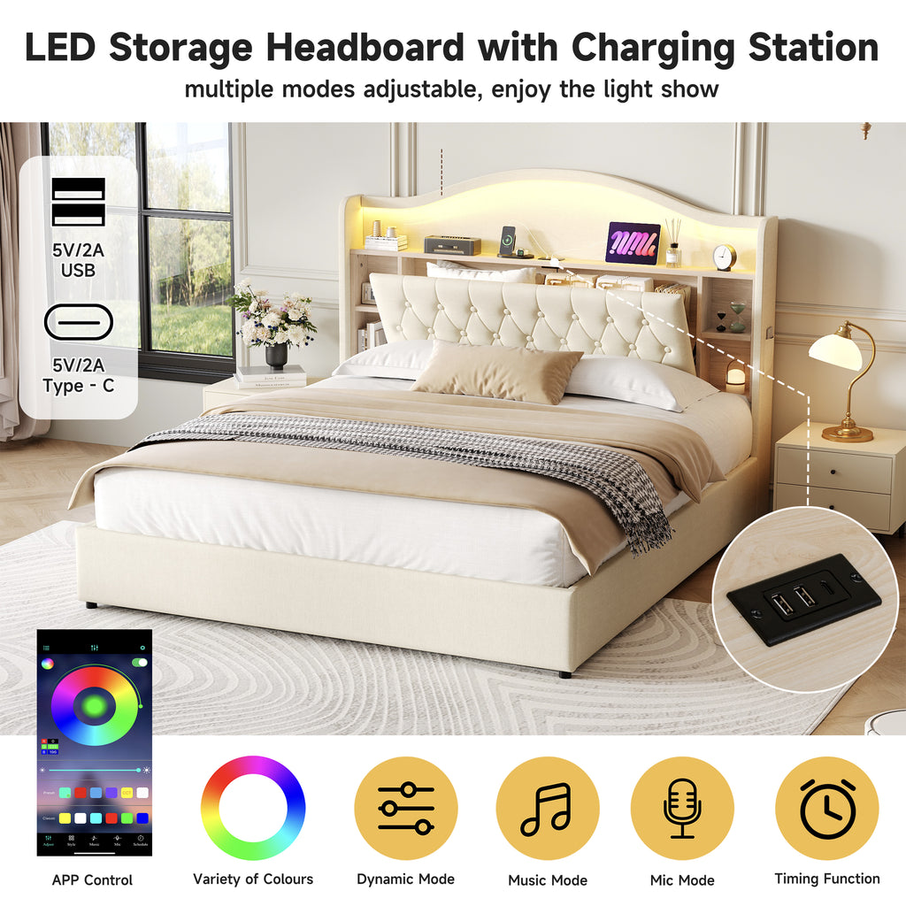 5ft King Upholstered Bed Frame with Hydraulic Storage, LED Curved Button Tufted Headboard with Charging Station and Concealed Headboard Storage, USB and Type - C Ports, Linen, Beige (No Mattress)