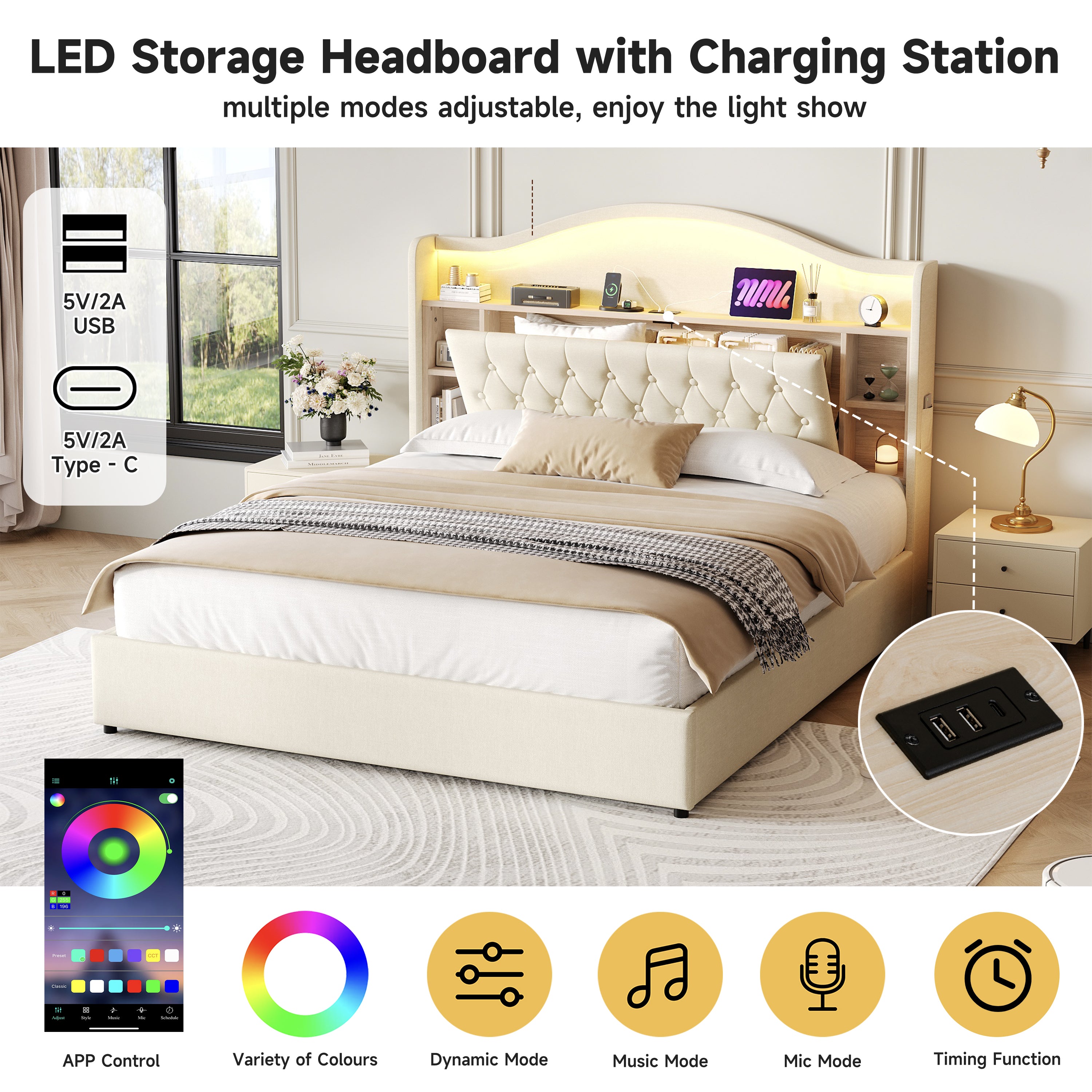 5ft King Upholstered Bed Frame with Hydraulic Storage, LED Curved Button Tufted Headboard with Charging Station and Concealed Headboard Storage, USB and Type - C Ports, Linen, Beige (No Mattress)