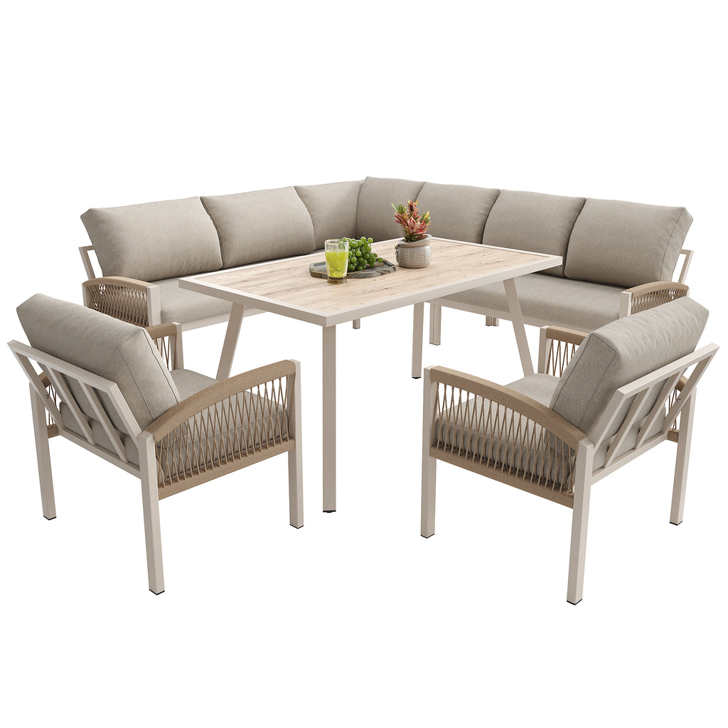 Garden Lounge Set, Furniture Set for 8 People, Ropework, Large Table with Wood Grain Finish, Galvanized Iron Frame, Adjustable Legs, All Seat and Back Cushions Included, Beige