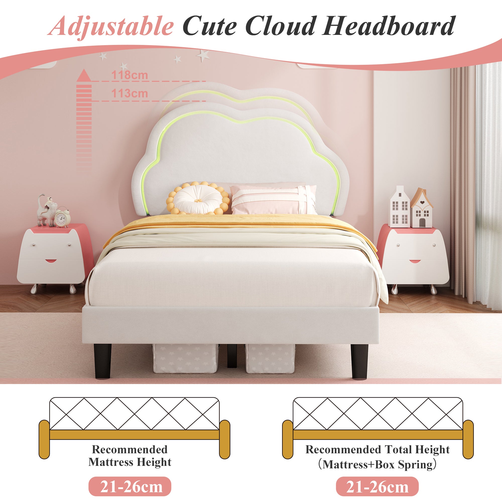 3ft Single Upholstered Bed with LED Adjustable Cute Cloud Headboard, Soft Velvet Bed Frame with Solid Wood Slat, No Box Spring Needed, Easy Assembly, Cream White (No Mattress)
