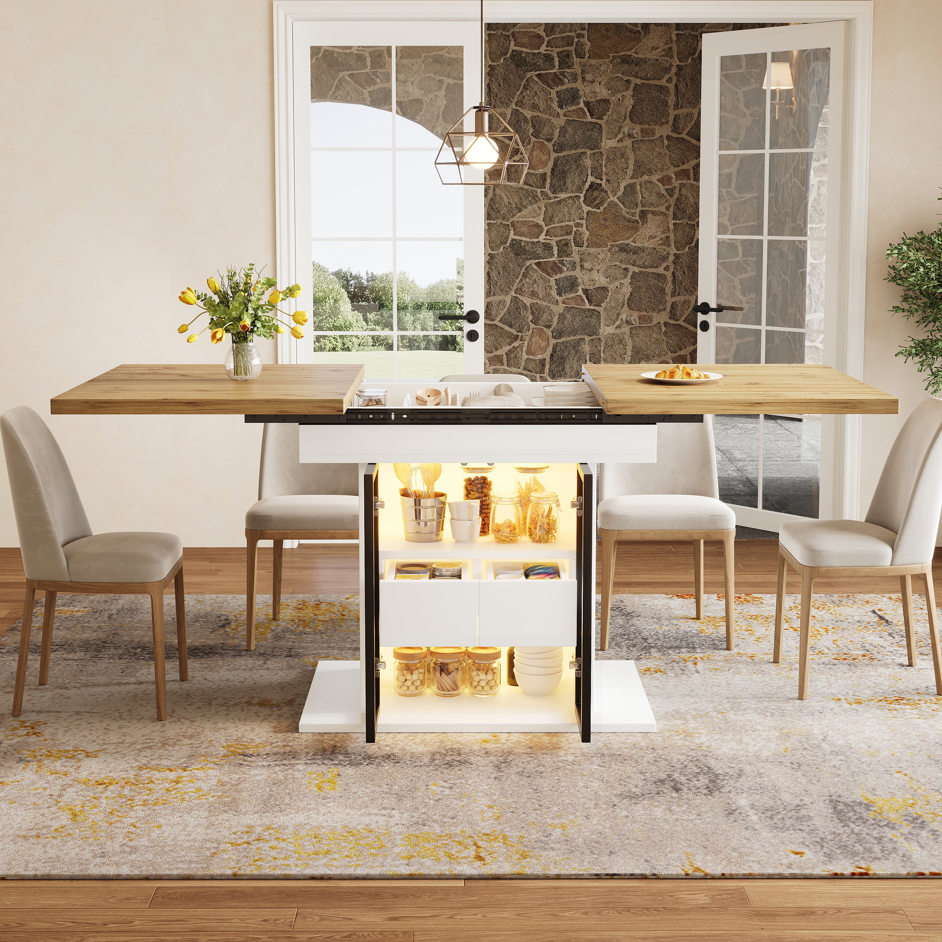 Extendable dining table with storage space & RGB LED lighting, 110–140cm, glass sliding doors & concealed push handles, white/black