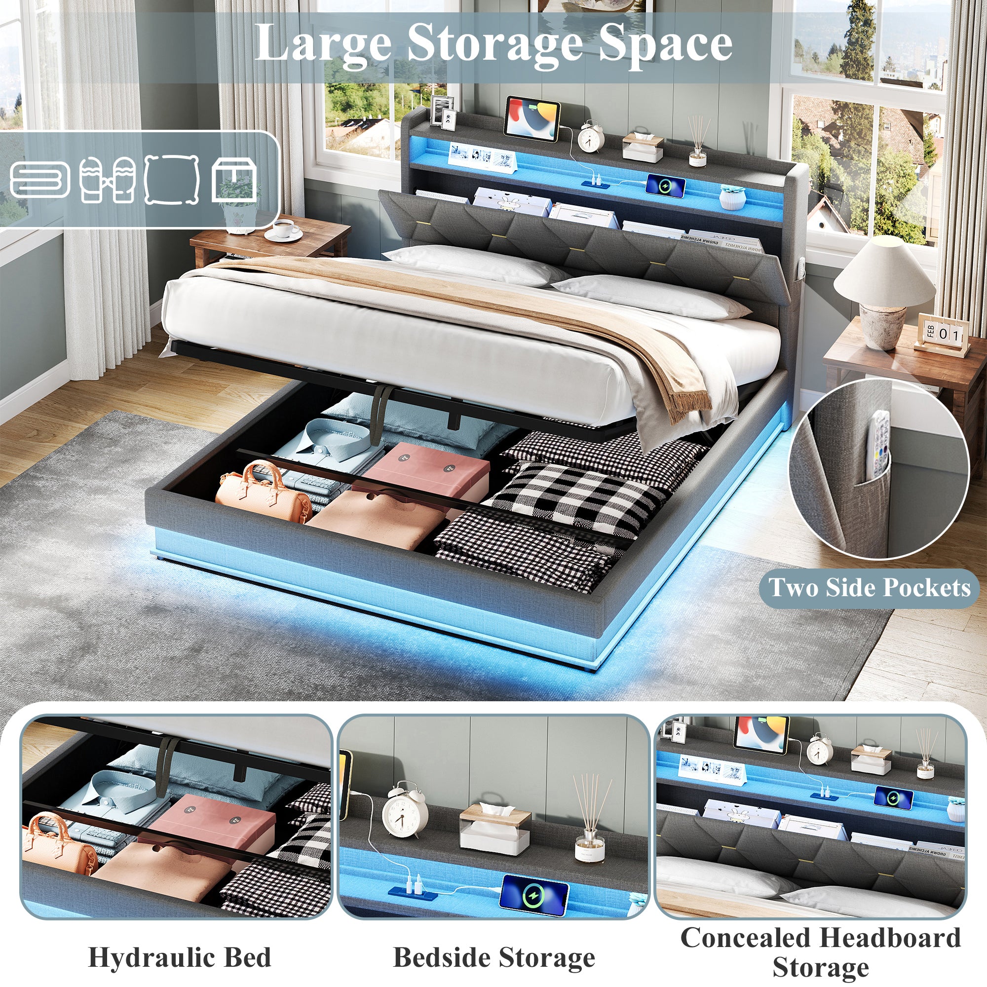 5ft King Upholstered Bed Frame with Hydraulic Storage,  LED Headboard with Charging Station and Concealed Headboard Storage, USB and Type - C Ports, Linen, No Box Spring Needed, Grey (No Mattress)