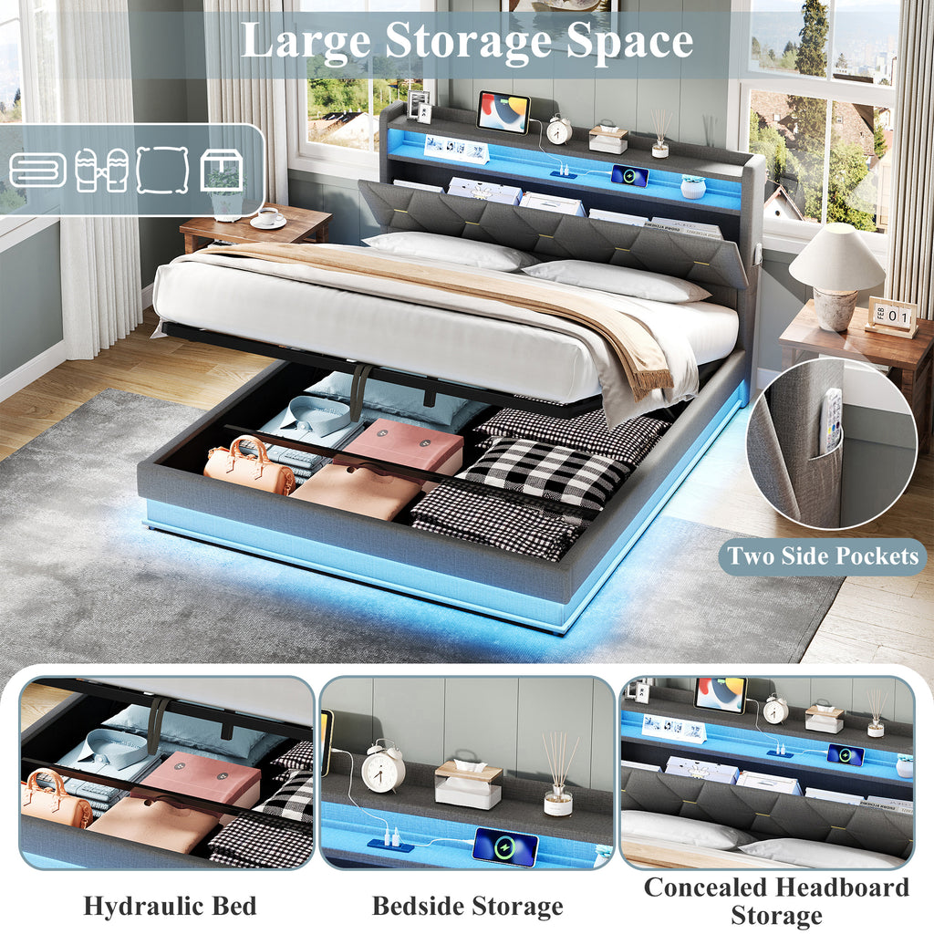 4ft6 Double Upholstered Bed Frame with Hydraulic Storage,  LED Headboard with Charging Station and Concealed Headboard Storage, USB and Type - C Ports, Linen, No Box Spring Needed, Grey (No Mattress)