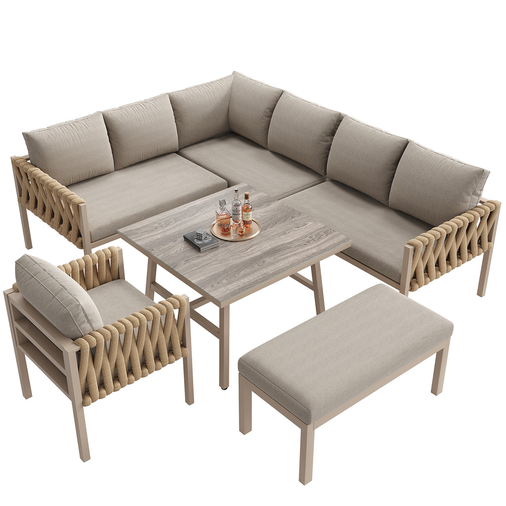 Garden furniture set, rope-weave outdoor sofa set with galvanized steel frame, adjustable legs, L-shaped sofa, tempered glass table top, includes all seat and back cushions, beige