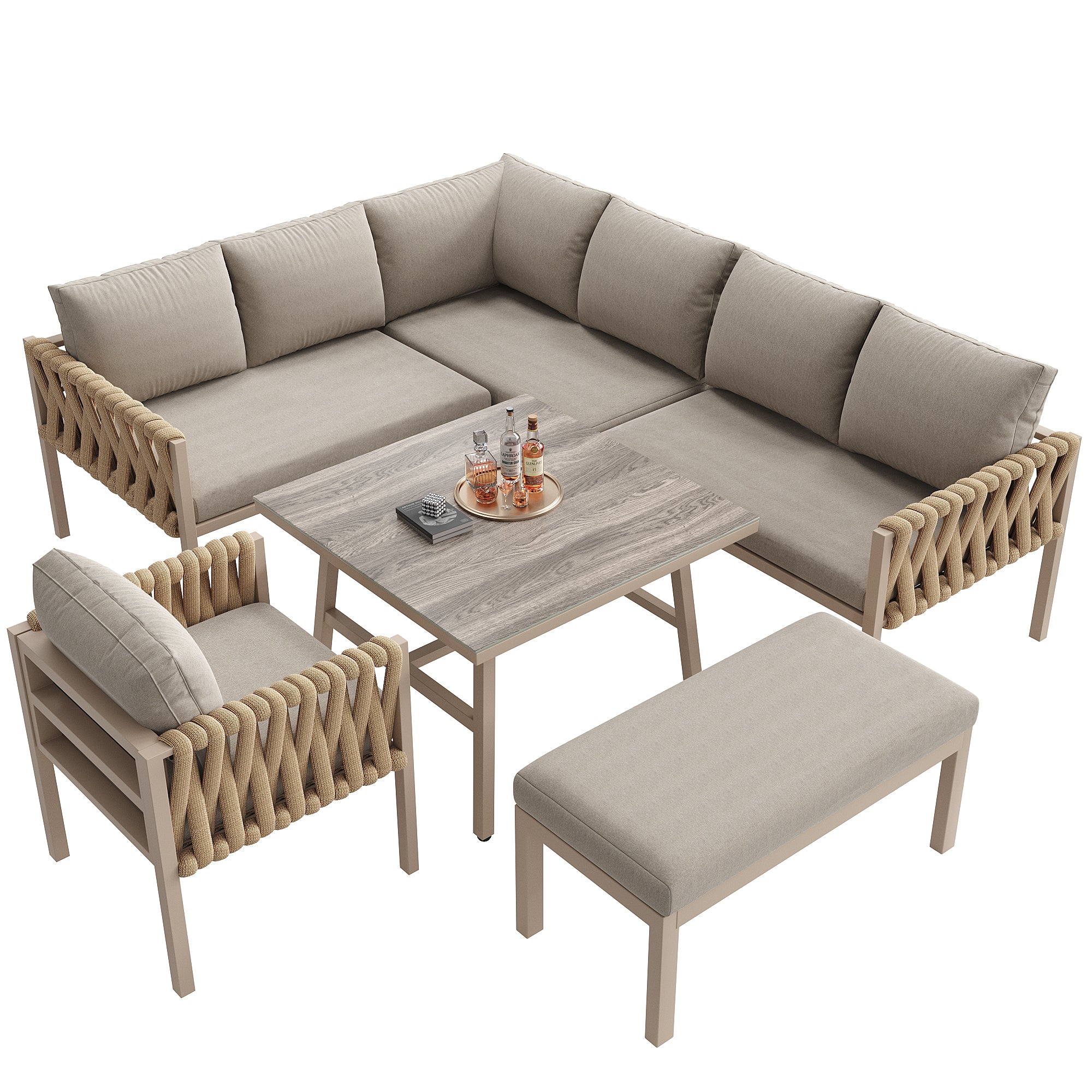 Garden furniture set, rope-weave outdoor sofa set with galvanized steel frame, adjustable legs, L-shaped sofa, tempered glass table top, includes all seat and back cushions, beige