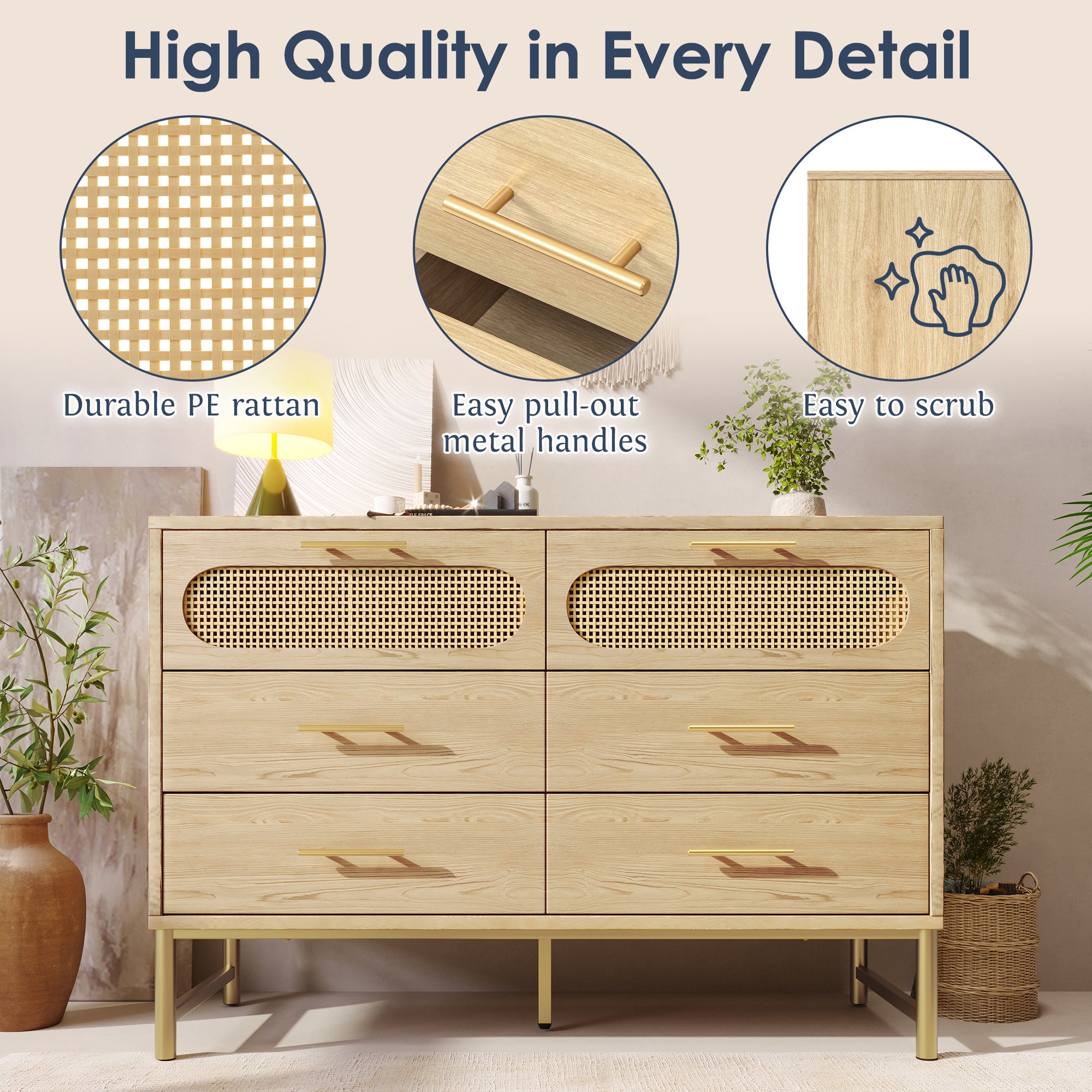 Rattan Sideboard Storage Cabinet with 6 Drawers,  Cupboard Sideboards for Living Room, Bedroom, and Hallway, Metal Handles, Anti-Tip, 120 x 40 x 74 cm, Oak
