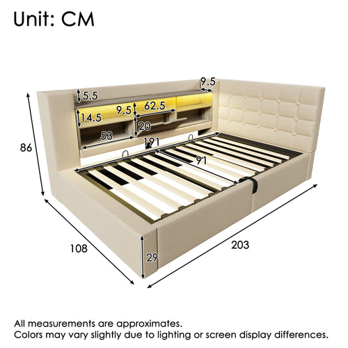 Daybed Upholstered Bed 90 x 190 cm, 3FT Single Sofa Bed with Hydraulic Storage, USB &Type-C Charging Station, Single Bed for Living Room and Bedroom, Linen, Beige (No Mattress)