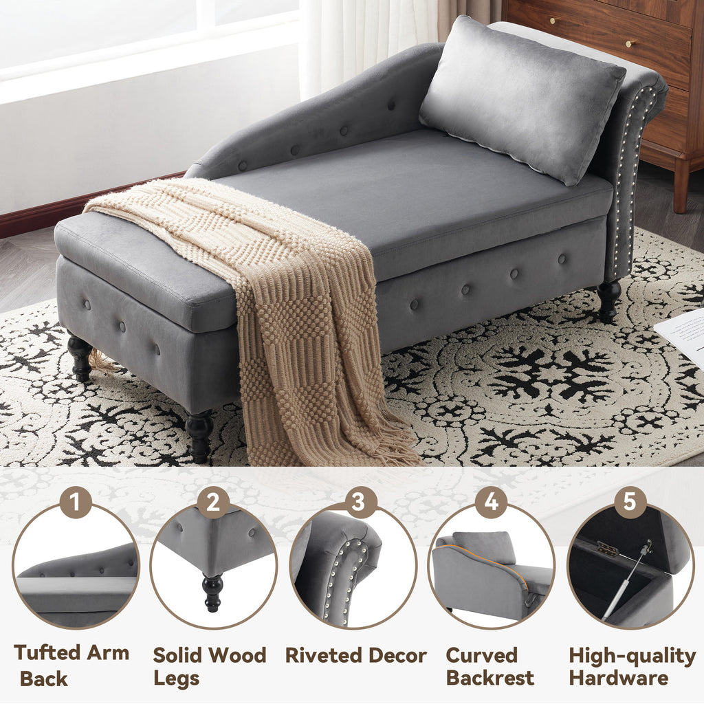 Velvet Chaise Lounge Sofa with Storage, Upholstered Chaise lounge Couch with Pillow for Living Room, Modern Nailhead-Trim & Button-tufted Lounge Chair, Bedroom and Office, Right Armrest