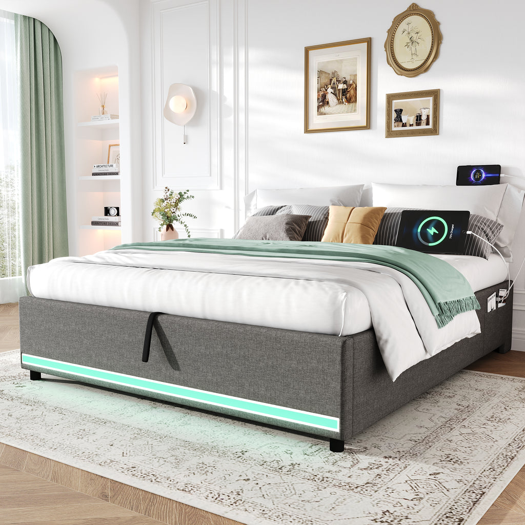 4ft6 Double Hydraulic Storage Bed, No Headboard Linen Bed Frame with APP Control LED Lights, Side Charging Station, Side Pockets, Grey (No Mattress)