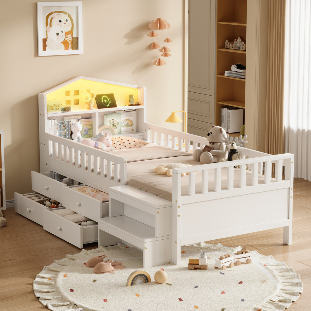 3ft Single Wooden Bed Frame with Step Stool, LED House-shaped Storage Headboard with Drawer Storage, USB and Type - C Ports, No Box Spring Needed, White (No Mattress)