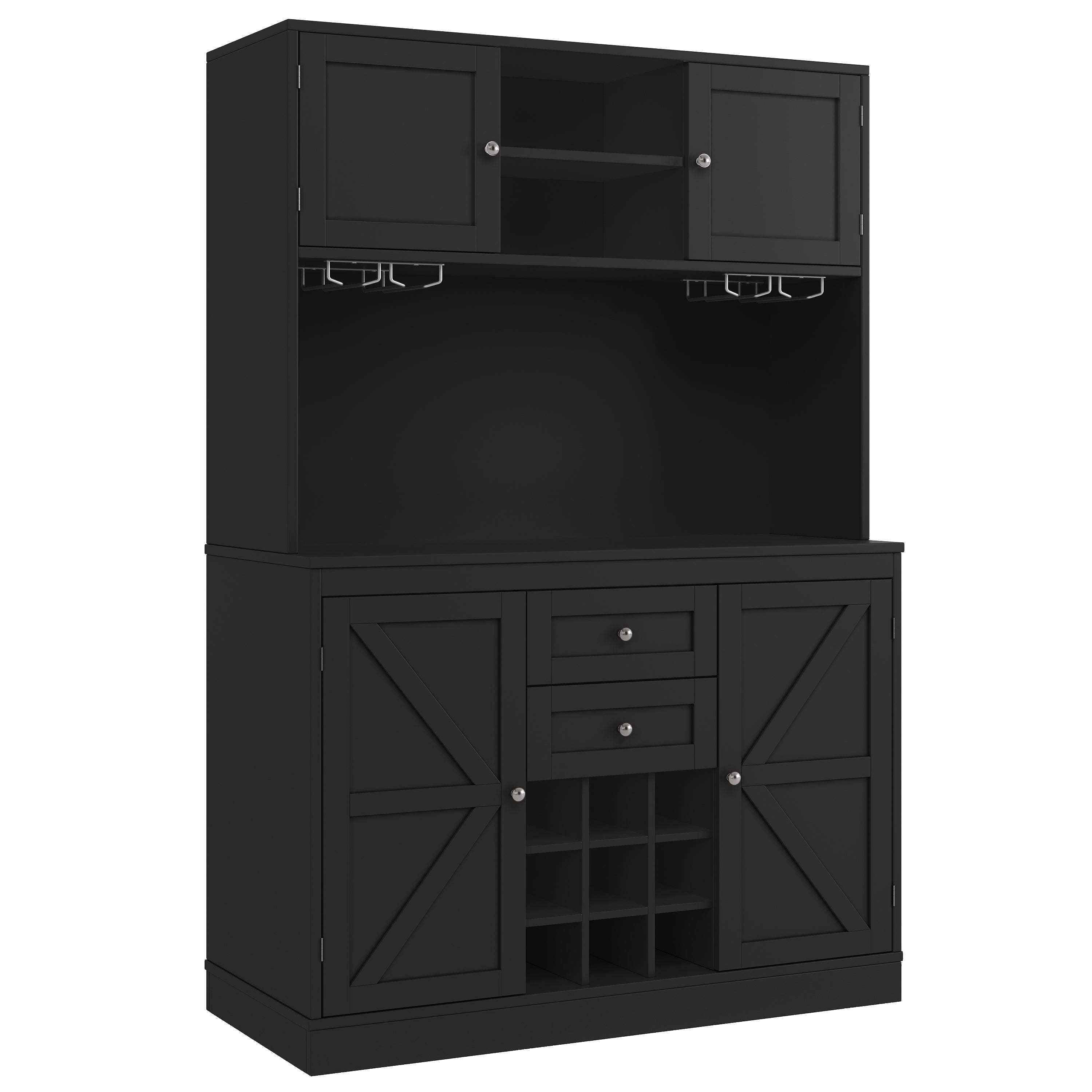 Kitchen Cabinet with Adjustable Shelves & Wine Rack, Tall Kitchen Cabinet with 4 Doors & 2 Drawers, Sideboard for Kitchen & Living Room, Buffet Cabinet, White/Balck