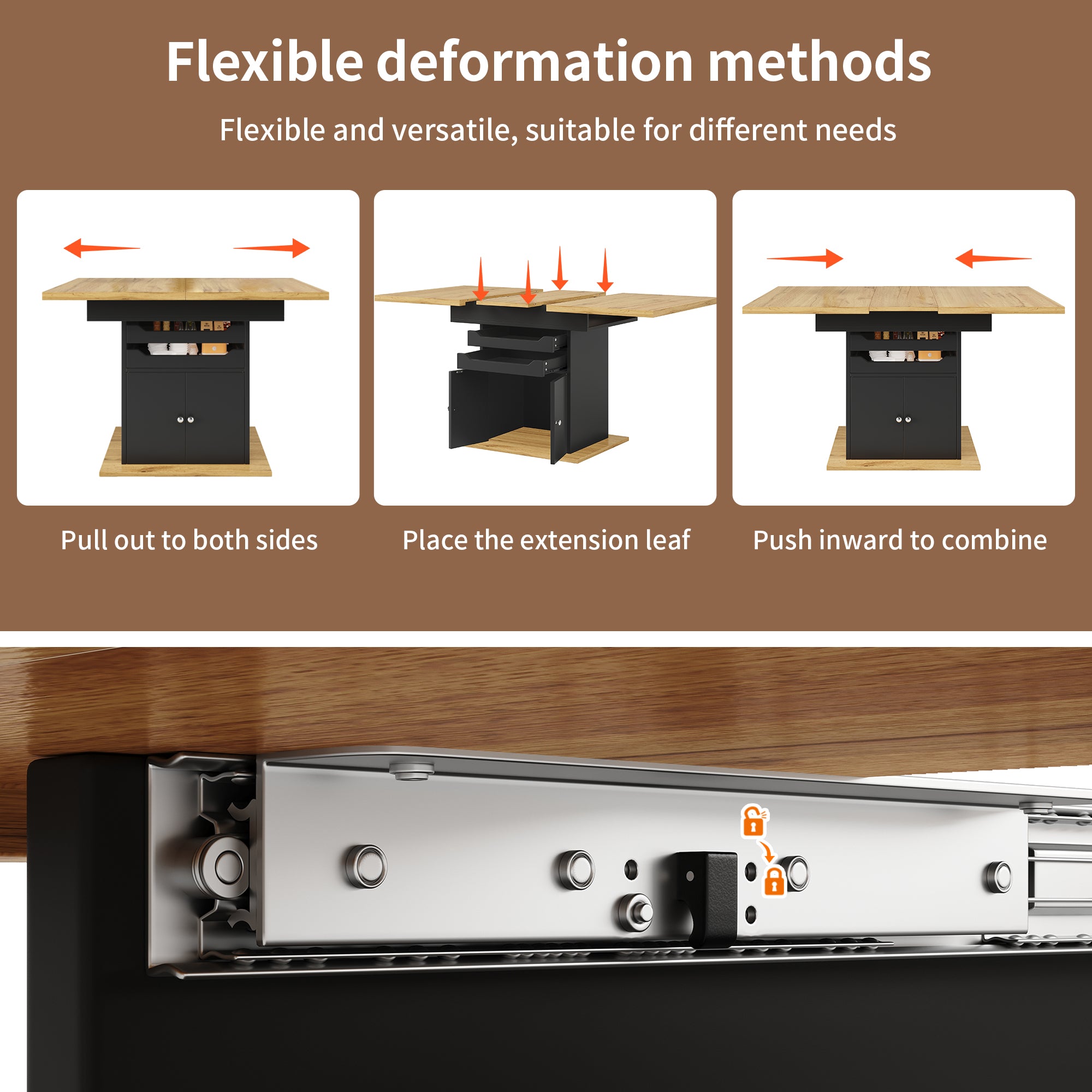 Telescopic dining table (110-140×80cm), foldable kitchen table for 4-6 people, extendable dining table, space-saving kitchen table, table with two drawers and a storage cabinet