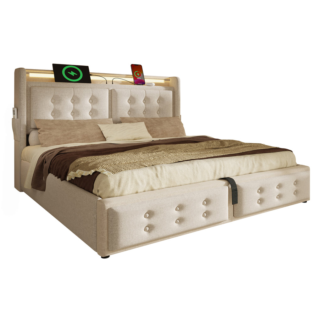 Upholstered King Bed, 5FT Hydraulic Bed with LED Lighting, USB Type-C Charging, Headboard for Cellphones & Tablets, 150 x 200 cm, Linen, Beige (No Mattress)