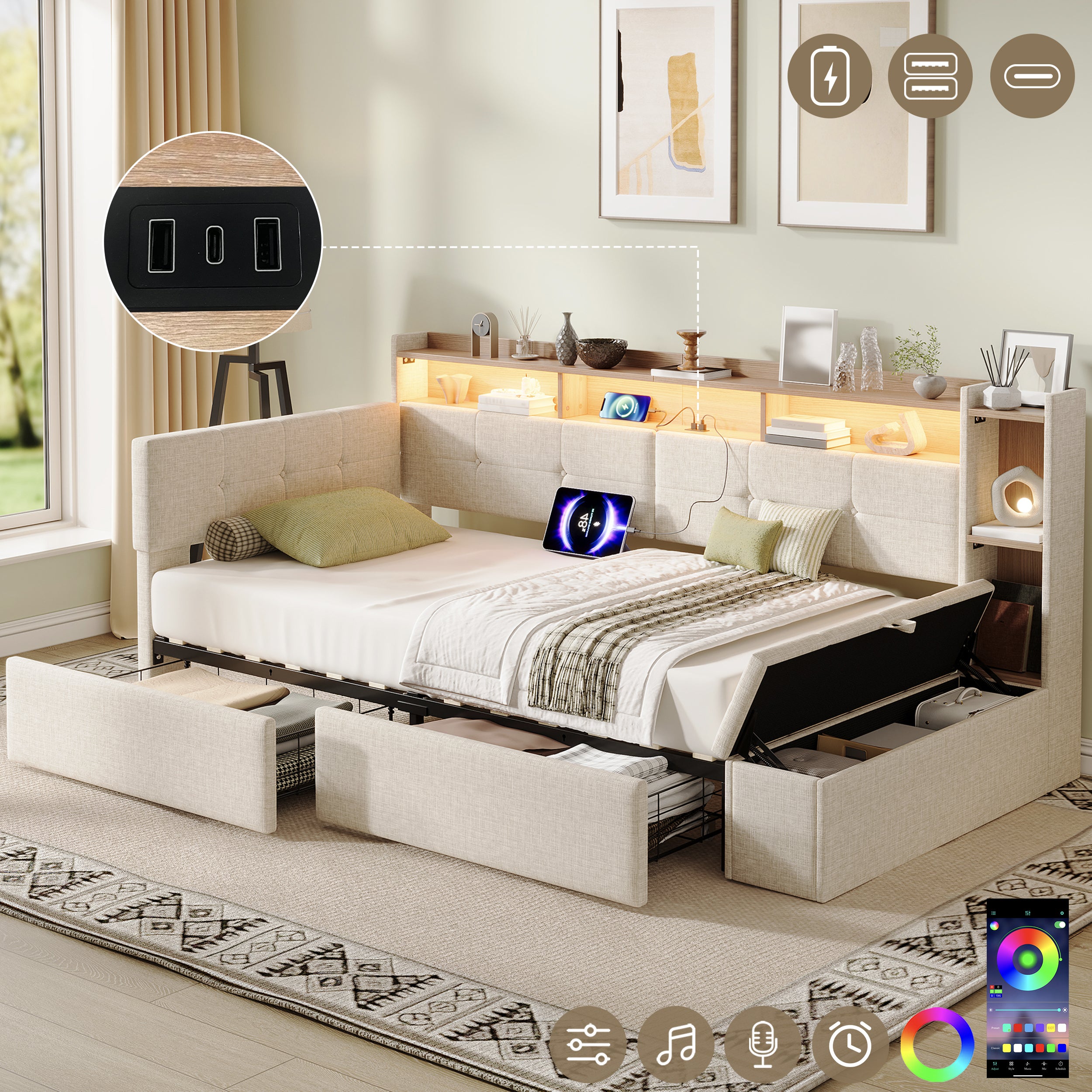3ft Single LED Daybed with Storage Drawers and Bed End Ottoman Storage, Modern Linen Sofa Bed with Charging Station for Living Room/ Bedroom/ Study Room, 90X190cm, Beige (No Mattress)