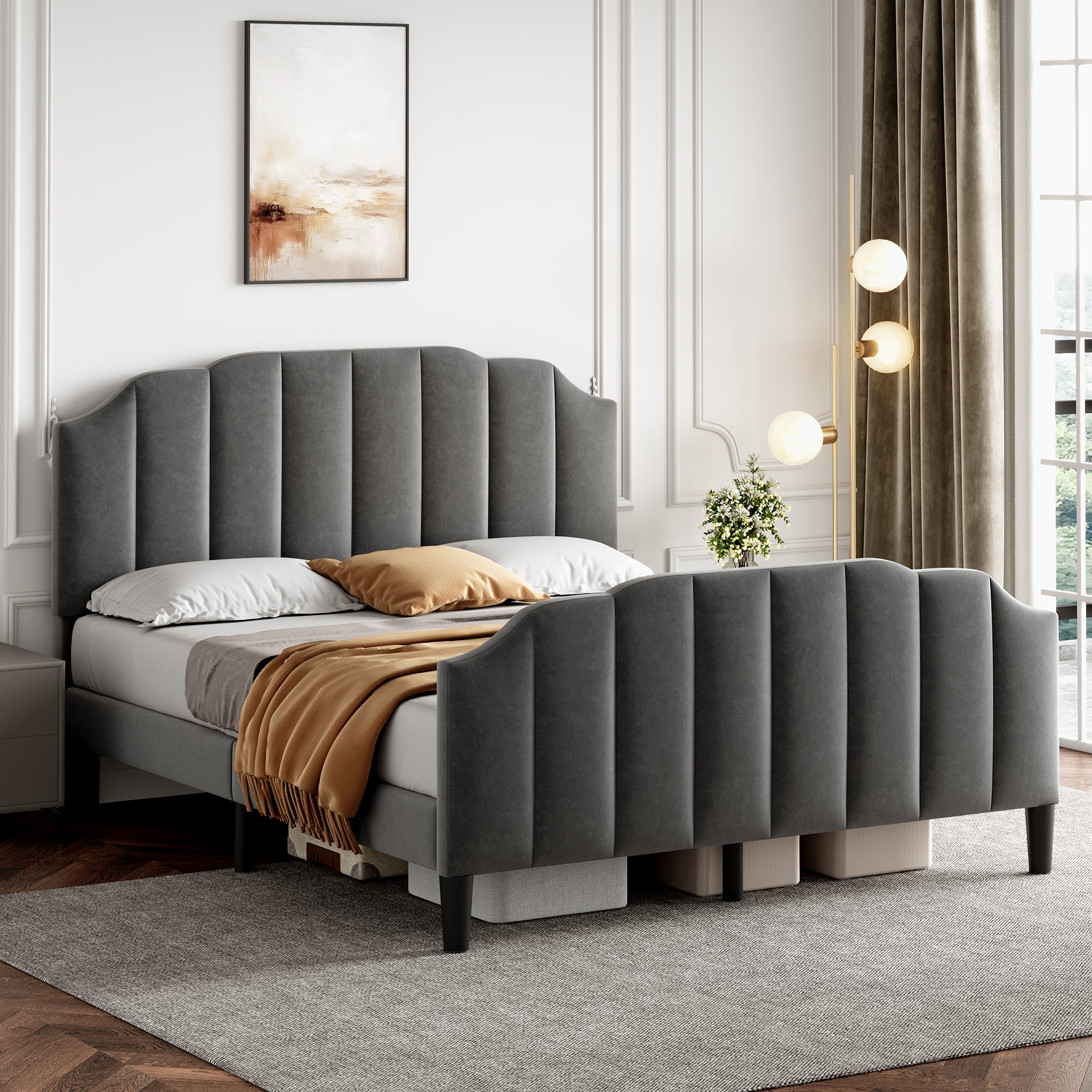 4ft6 Double Upholstered Bed Frame with Adjustable Chic Channel-Tufted Headboard, Velvet Platform Bed Frame with Solid Wood Slat and Mute Foam, No Box Spring Needed, Easy Assembly, Grey (No Mattress)