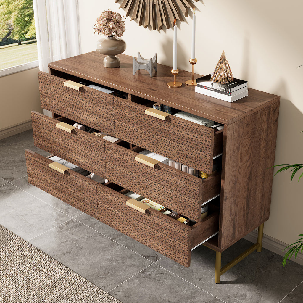 Embossed Design Sideboard Cabinet Dresser with 6 Drawers,  Anti-tip,  Sideboard for  Living Room, Hallway, Bedroom, and Children's Room, 120 x 40 x 75 cm, Walnut