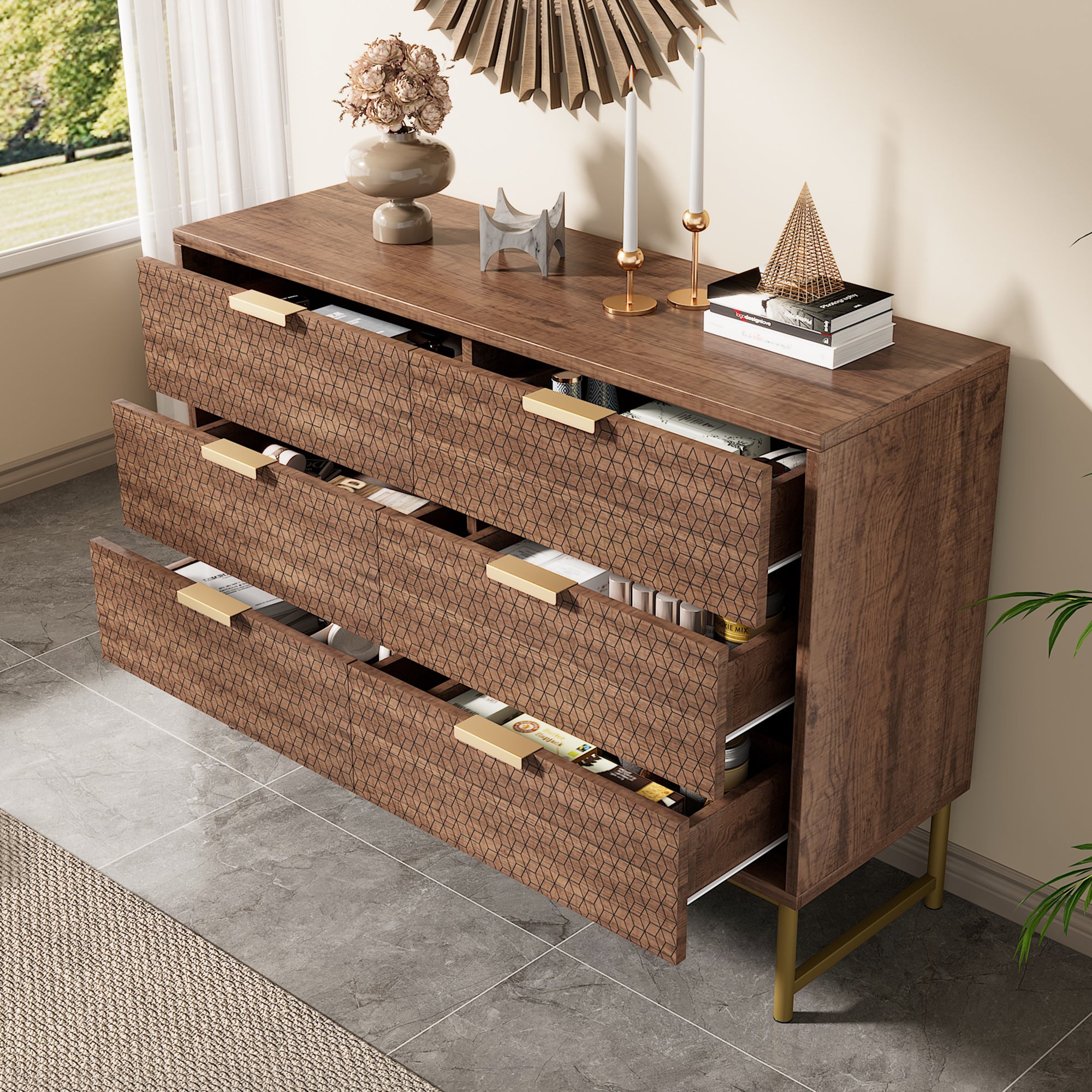 Embossed Design Sideboard Cabinet Dresser with 6 Drawers,  Anti-tip,  Sideboard for  Living Room, Hallway, Bedroom, and Children's Room, 120 x 40 x 75 cm, Walnut