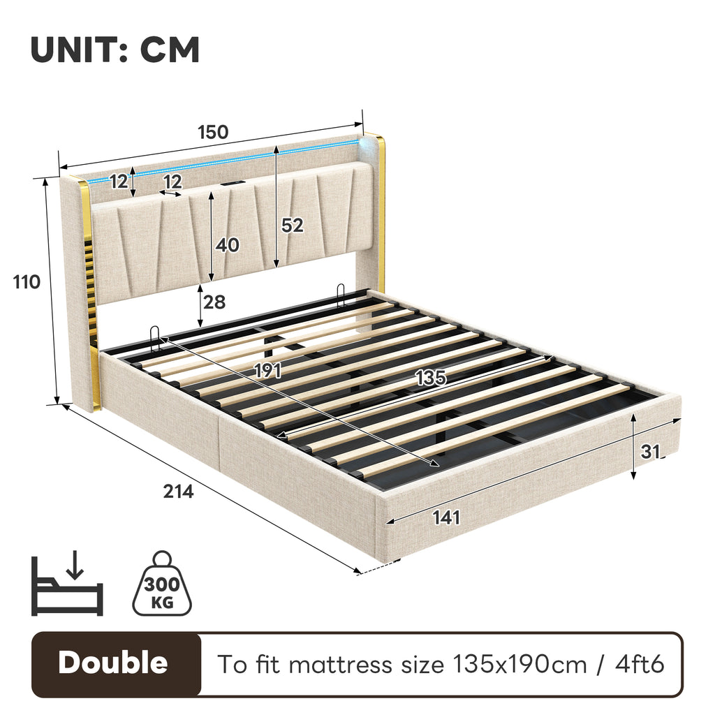 4ft6 Double Upholstered Bed Frame with Hydraulic Storage,  LED Headboard with Charging Station and Chrome Trim, USB and Type - C Ports, Linen, No Box Spring Needed, Beige (No Mattress)
