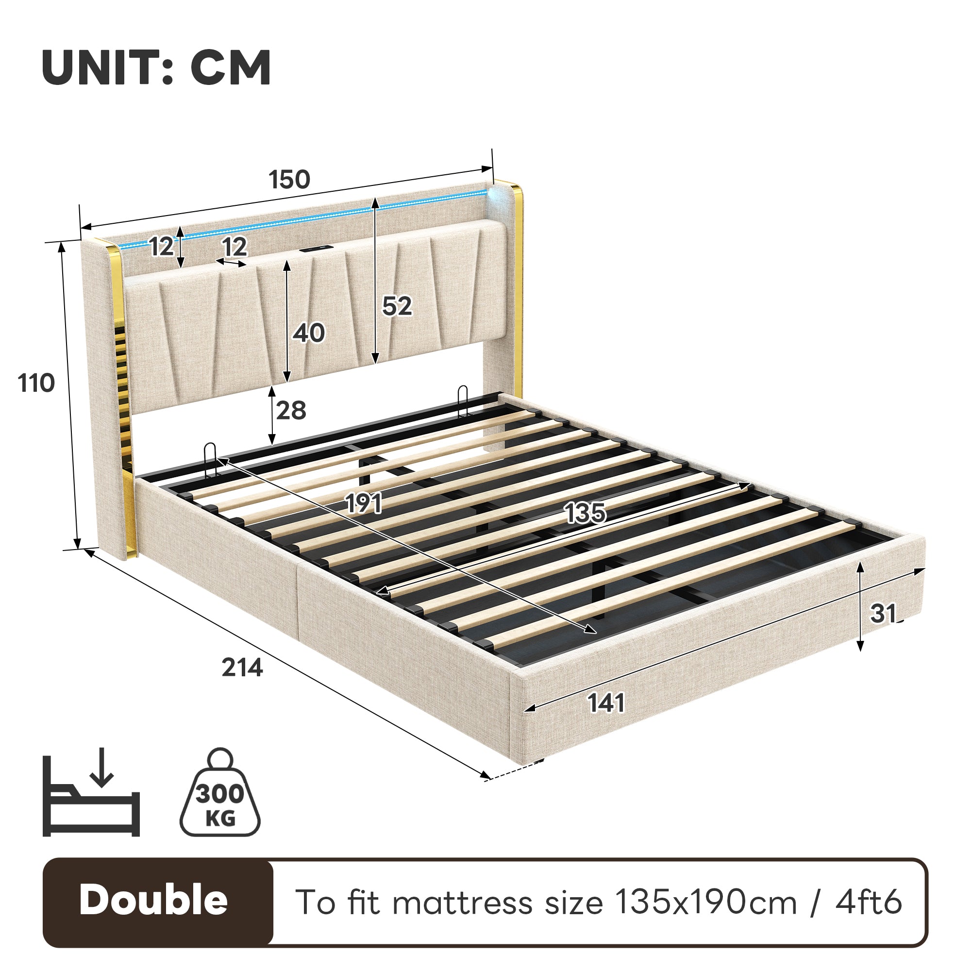 4ft6 Double Upholstered Bed Frame with Hydraulic Storage,  LED Headboard with Charging Station and Chrome Trim, USB and Type - C Ports, Linen, No Box Spring Needed, Beige (No Mattress)