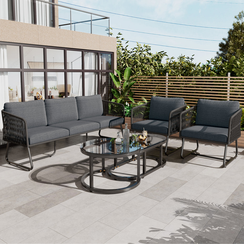 Outdoor Patio&Backyard Furniture Garden Lounge Set, Thick Quality Space Saving Sofas with Glass Coffee Table, Grey