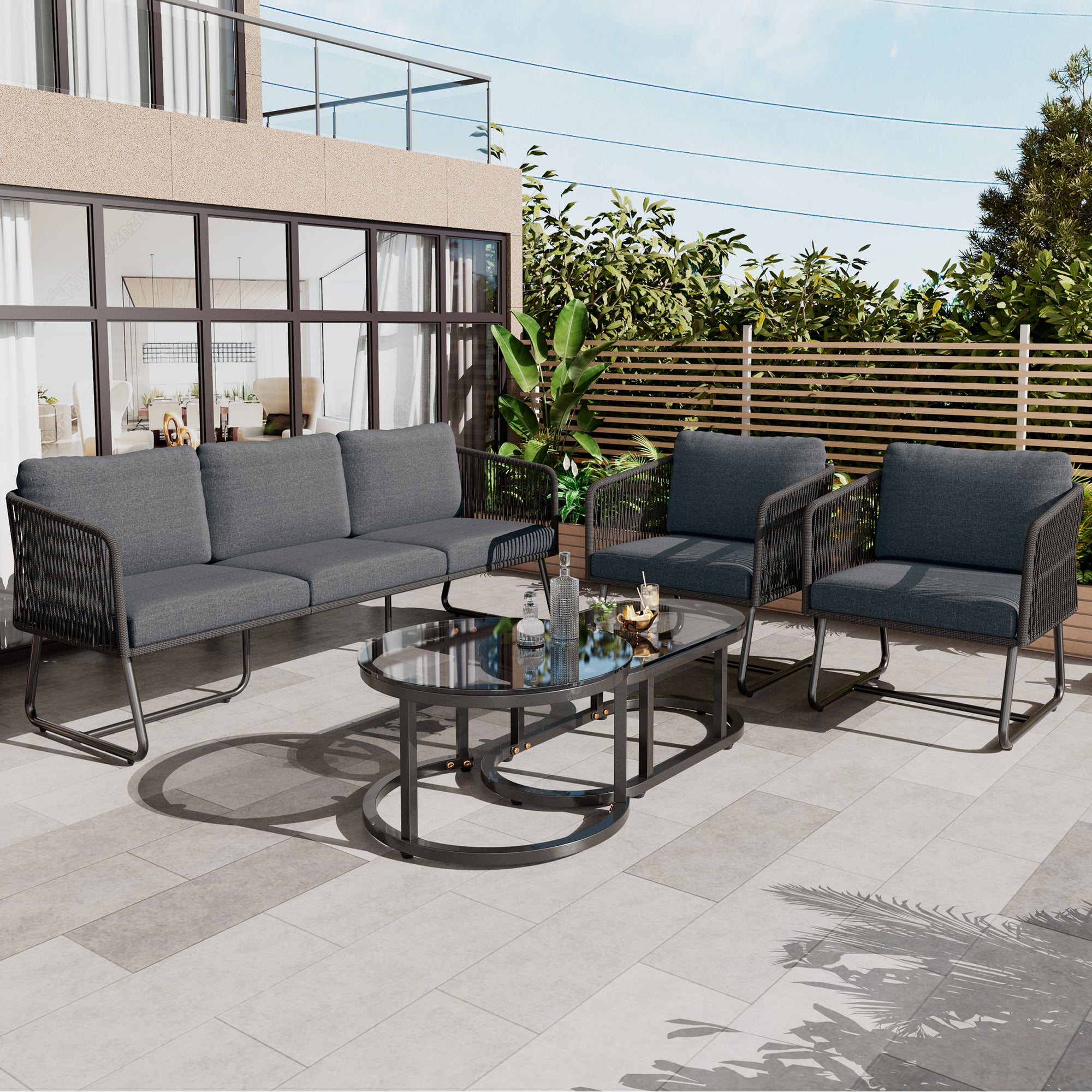 Outdoor Patio&Backyard Furniture Garden Lounge Set, Thick Quality Space Saving Sofas with Glass Coffee Table, Grey