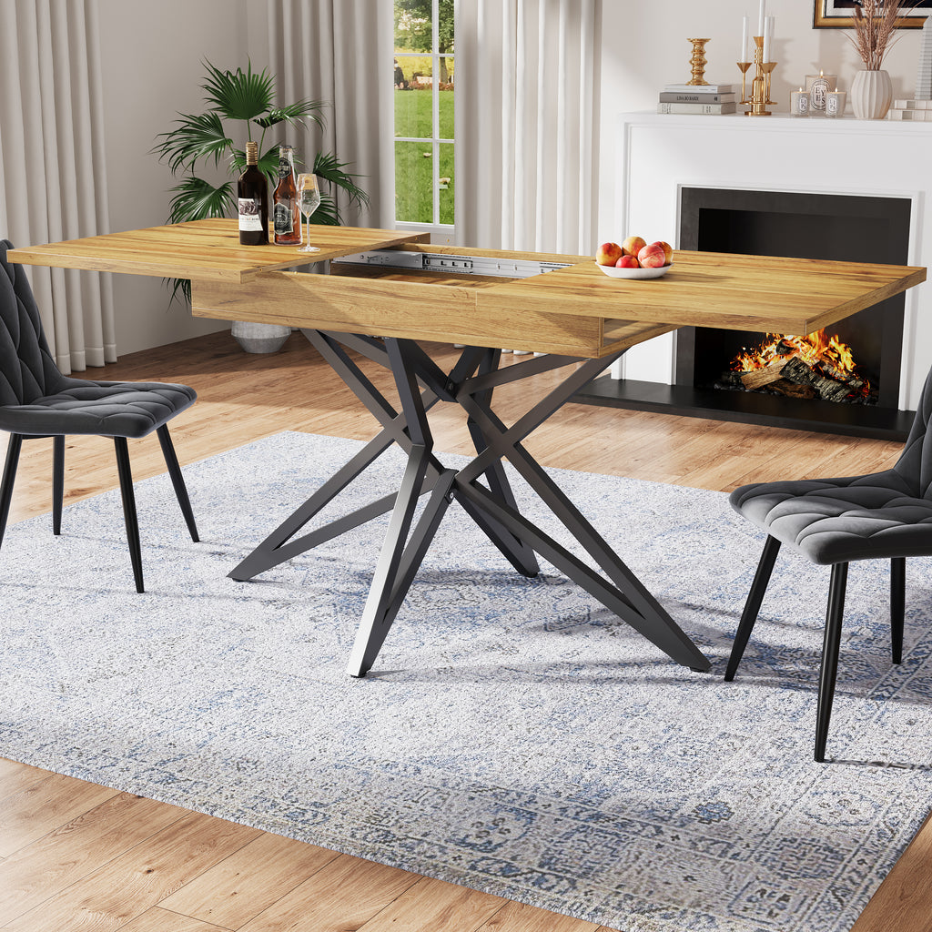 Extendable dining table 120-160 x 80 cm, extendable kitchen table, breakfast table, star-shaped table legs, black iron legs, Walnut-coloured tabletop