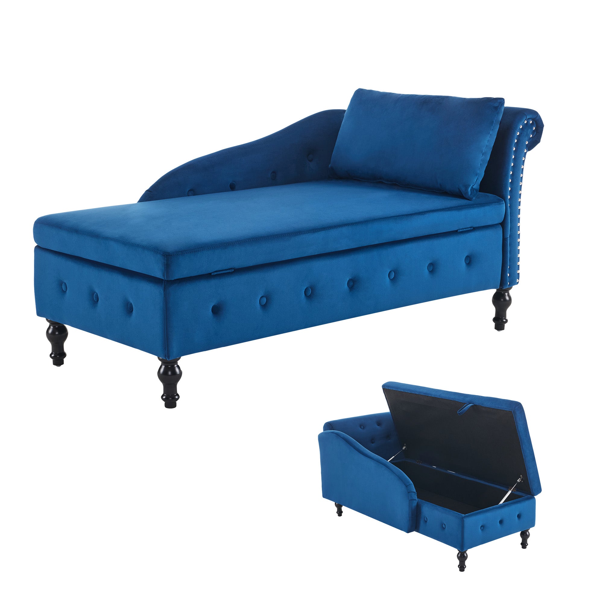 Velvet Chaise Lounge Sofa with Storage, Upholstered Chaise lounge Couch with Pillow for Living Room, Modern Nailhead-Trim & Button-tufted Lounge Chair, Bedroom and Office, Right Armrest