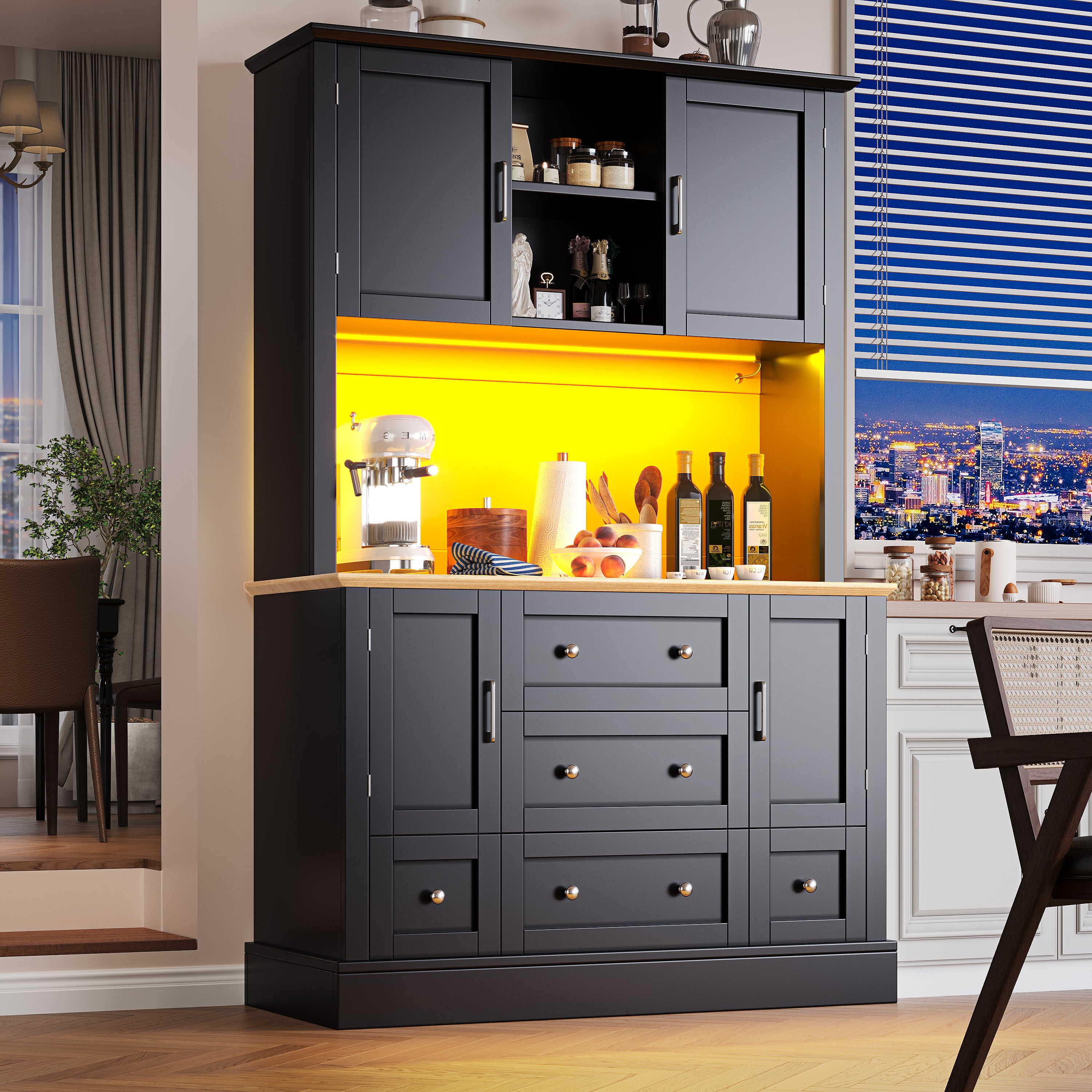 Snack cabinet, kitchen cabinet (115 x 40 x 180 cm), tall kitchen dining cabinet, sideboard, kitchen cabinet with five drawers and LED lighting, suitable for kitchen, living room, dining room, black