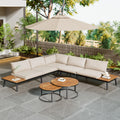 Modular Outdoor Sofa Set with Galvanized Iron Frame, Washable Cushions, Acacia Wood Nesting Tables, for Patio & Garden