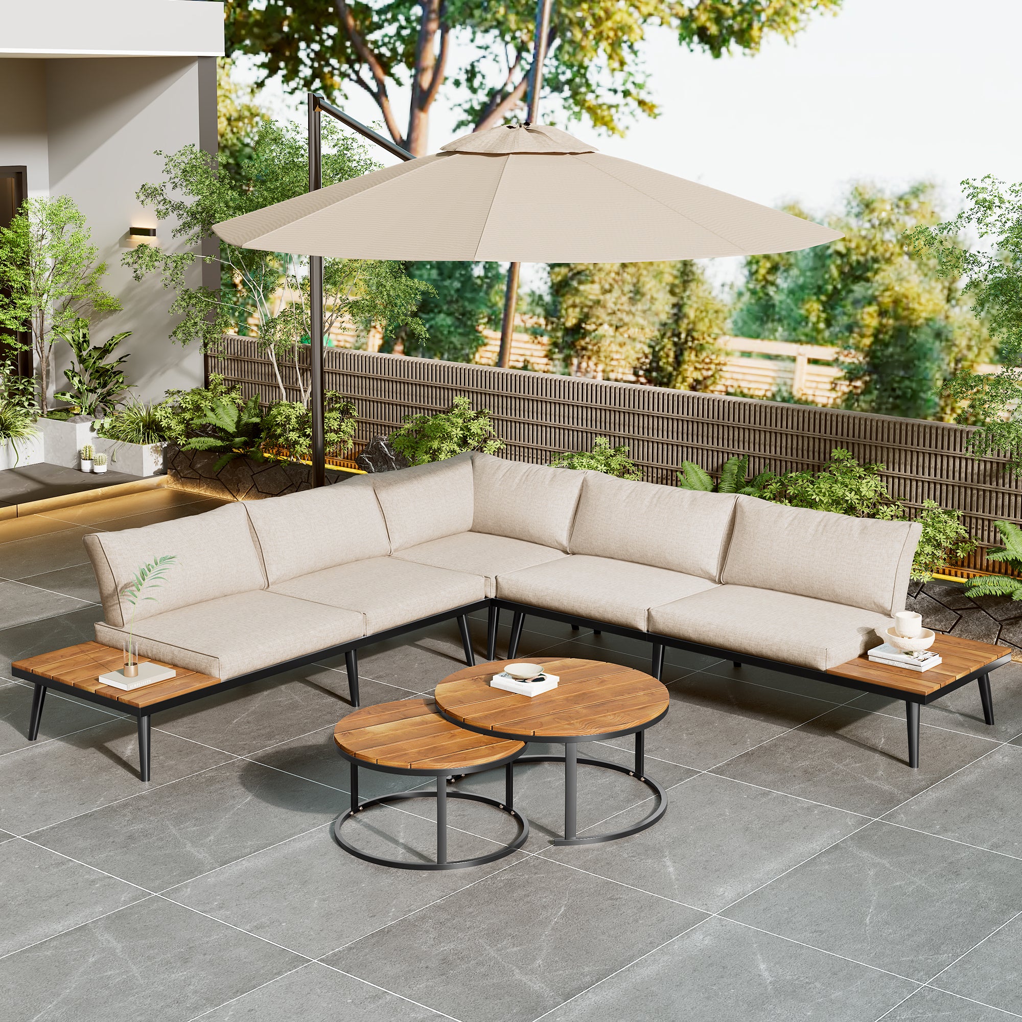 Modular Outdoor Sofa Set with Galvanized Iron Frame, Washable Cushions, Acacia Wood Nesting Tables, for Patio & Garden